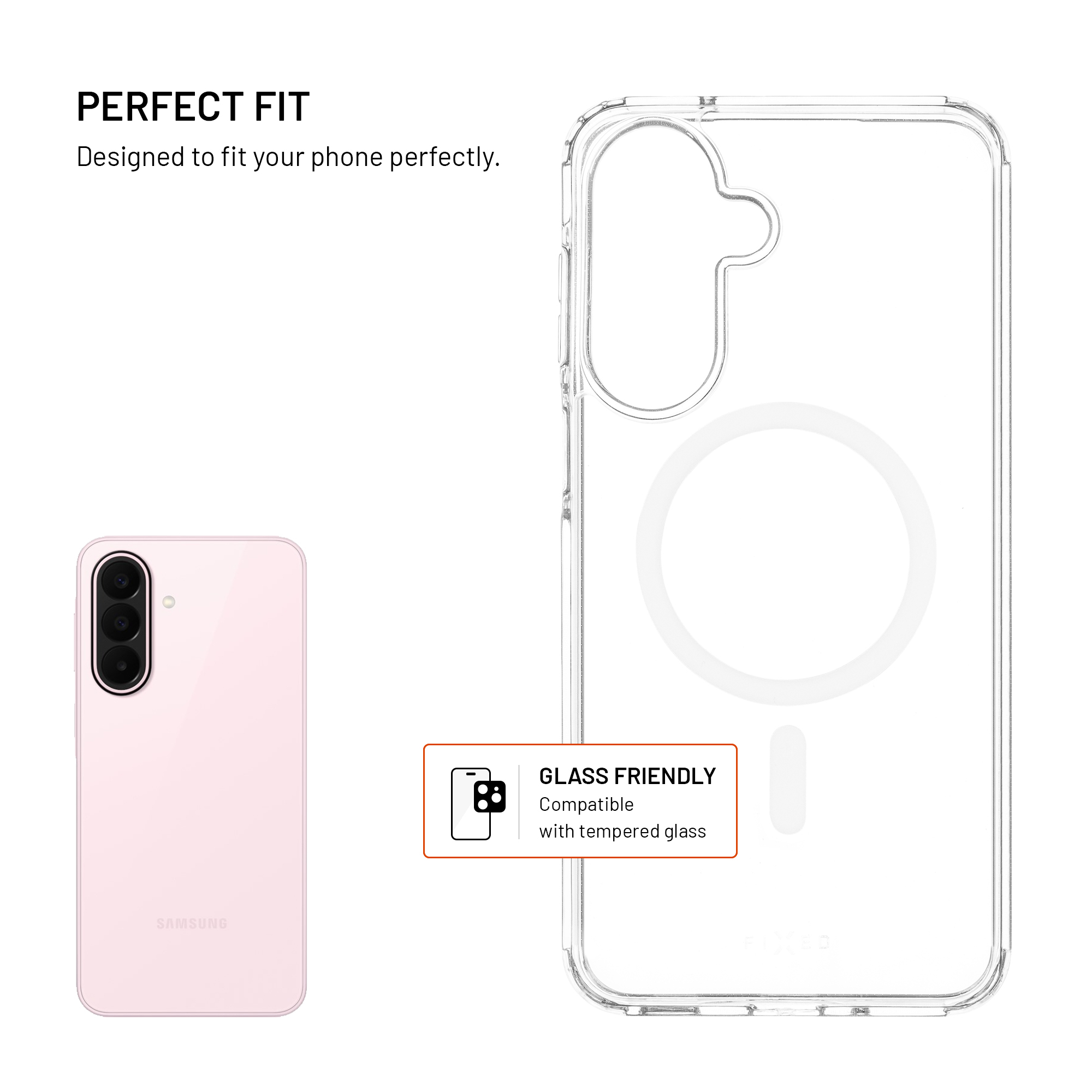 Eine transparente Handyhülle neben einem rosa Samsung-Handy, mit Text über perfekte Passform und Kompatibilität.