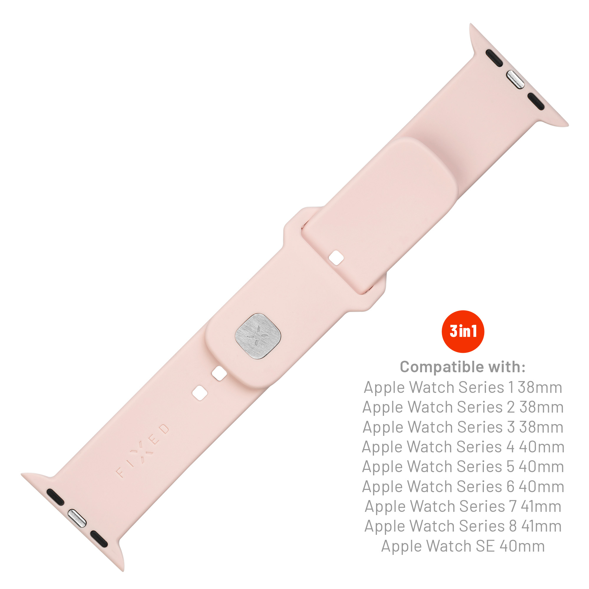 Ein rosafarbenes Apple Watch Silikonarmband mit einer quadratischen silbernen Magnetschnalle.