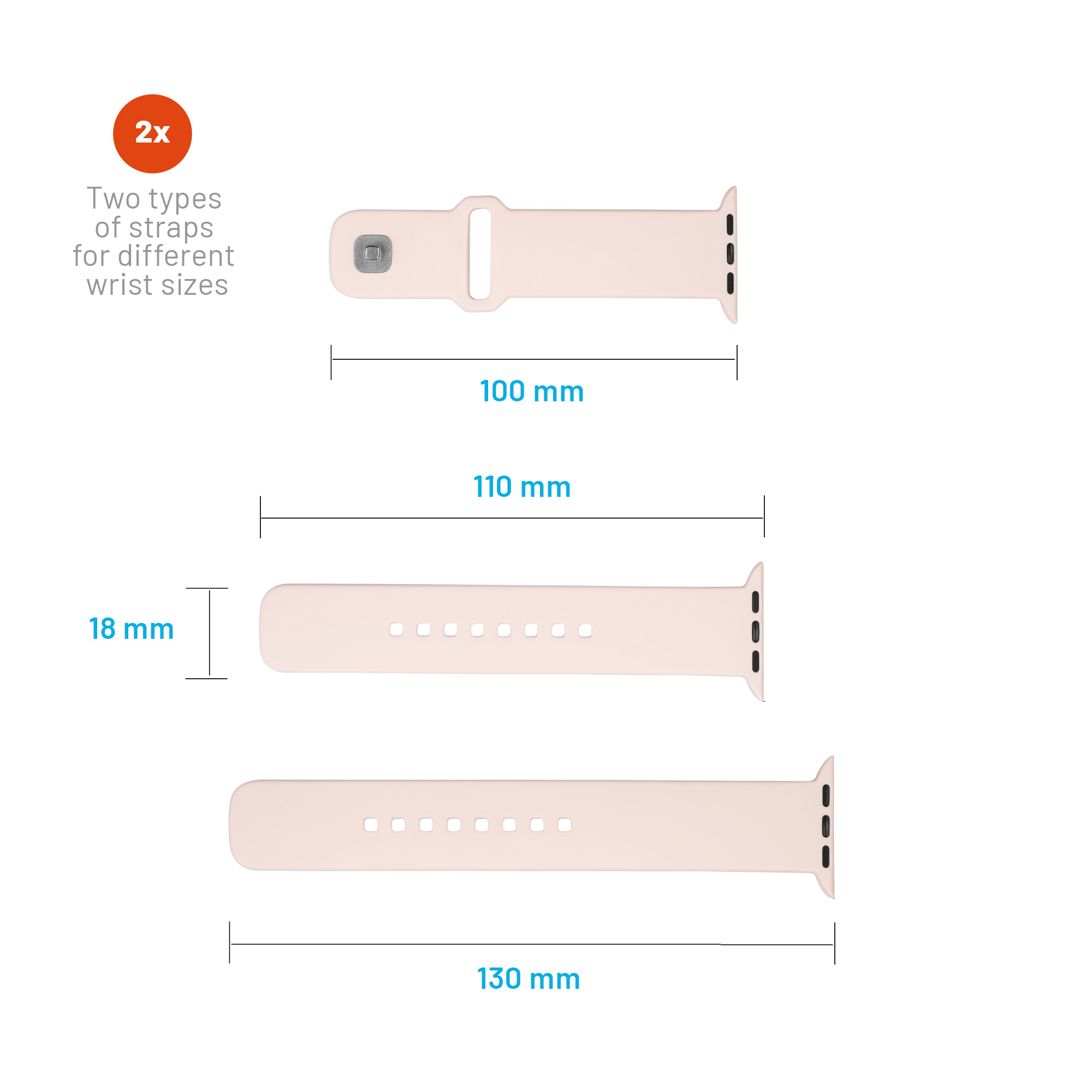 Diagramm zeigt drei rosa Smartwatch-Armbänder mit unterschiedlichen Längen von 100mm, 110mm und 130mm sowie 18mm Breite.