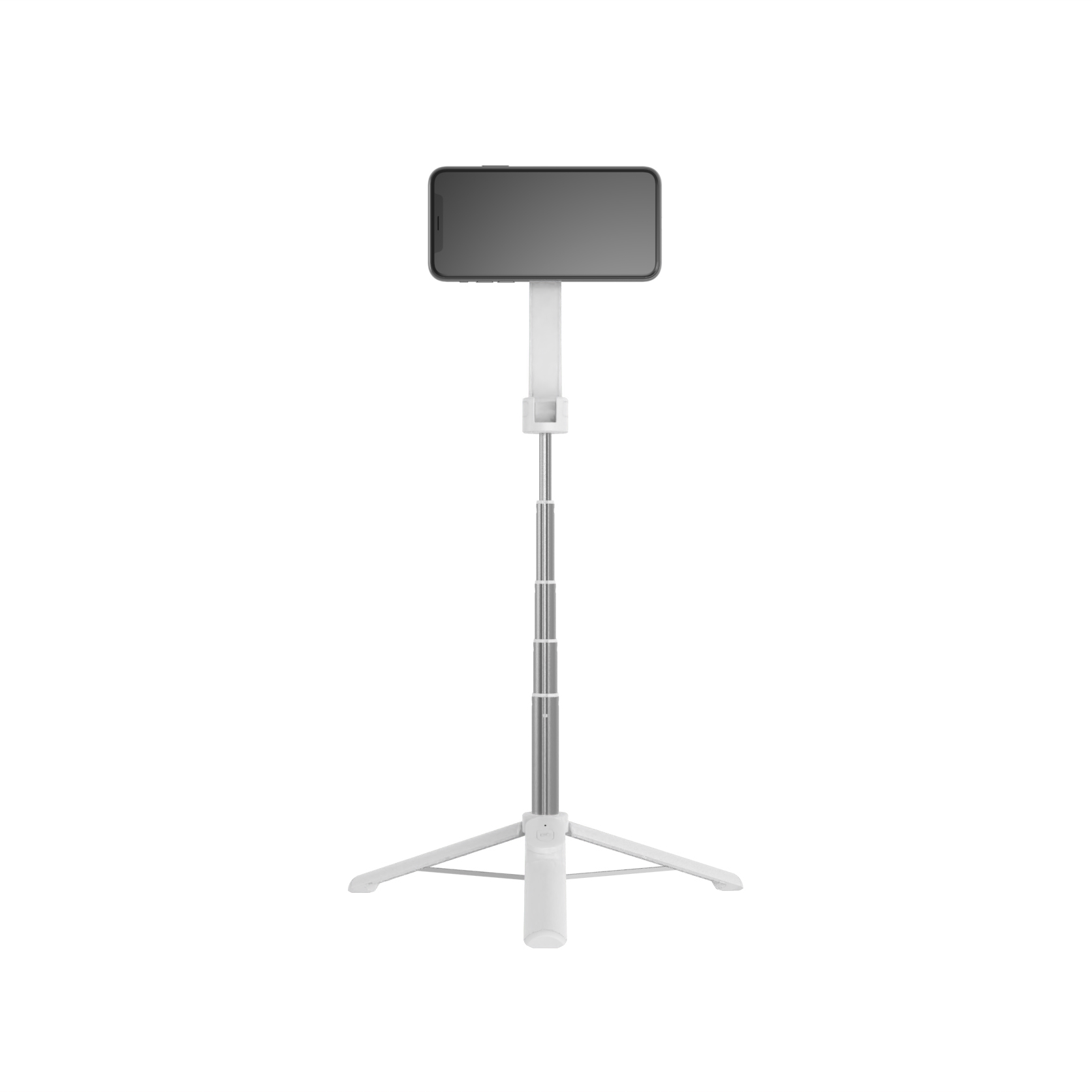 Ein weißes Stativ mit ausziehbarem Ständer hält horizontal ein Smartphone vor weißem Hintergrund.
