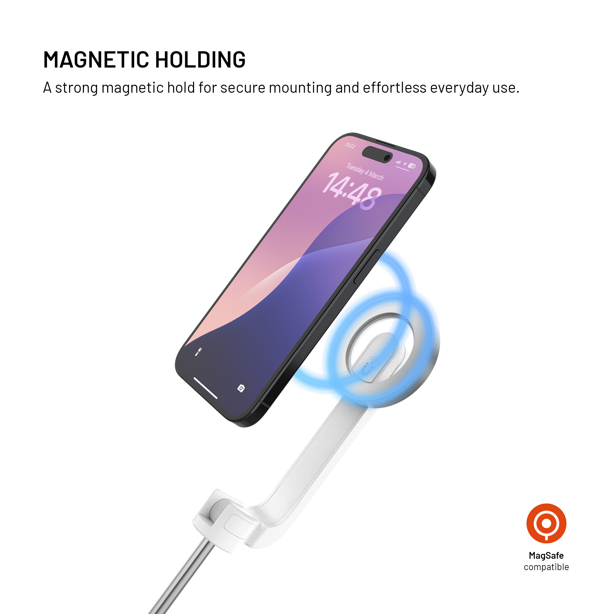 Ein Smartphone magnetisch auf einem MagSafe-kompatiblen Ständer befestigt.