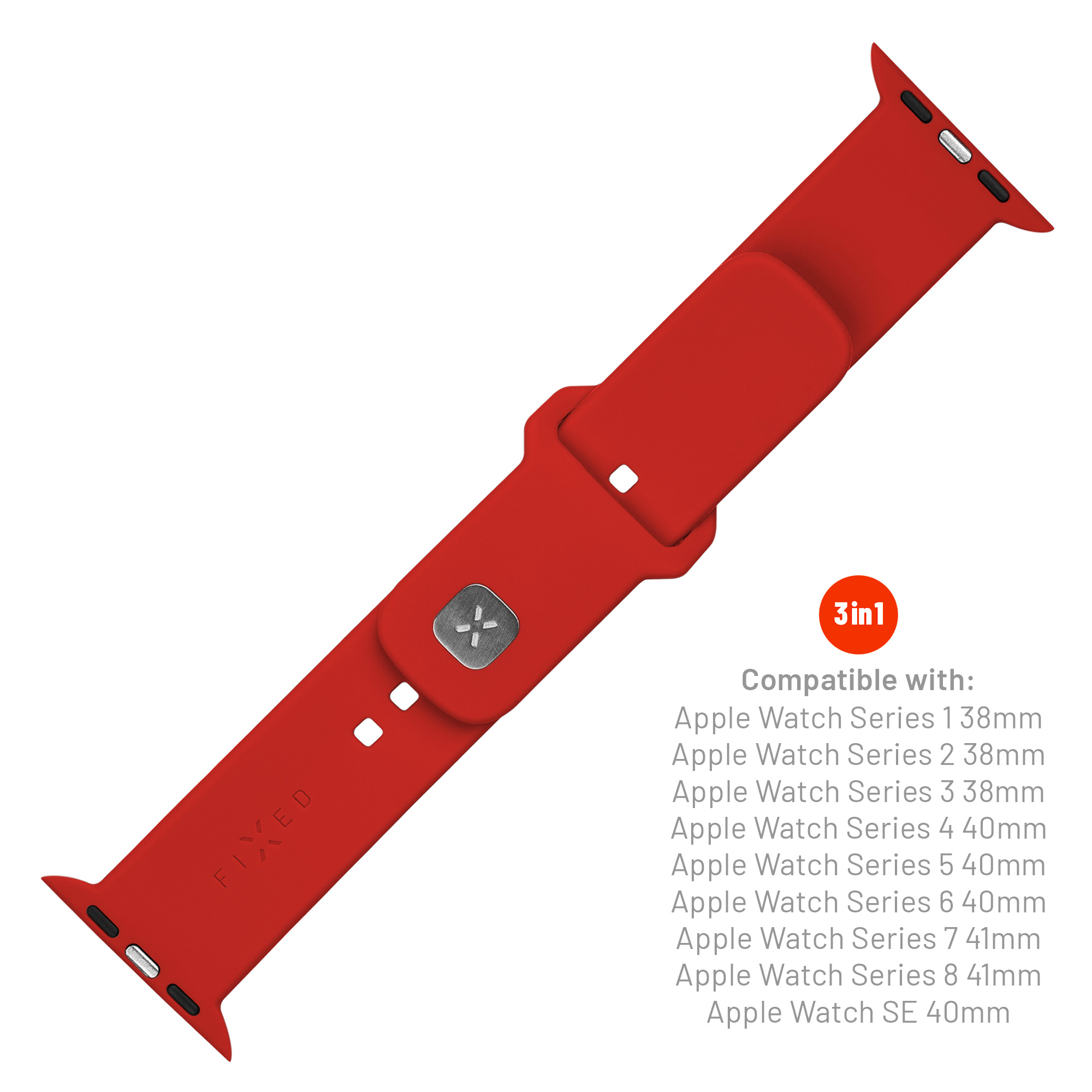 Rotes Apple-Watch-Armband mit silbernem Verschluss auf weißem Hintergrund mit Kompatibilitätsliste.