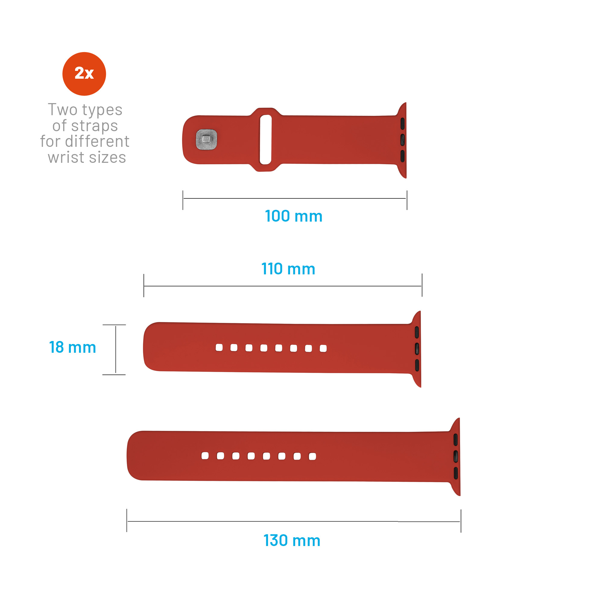 Rote Smartwatch-Armbänder mit Maßangaben für verschiedene Größen.