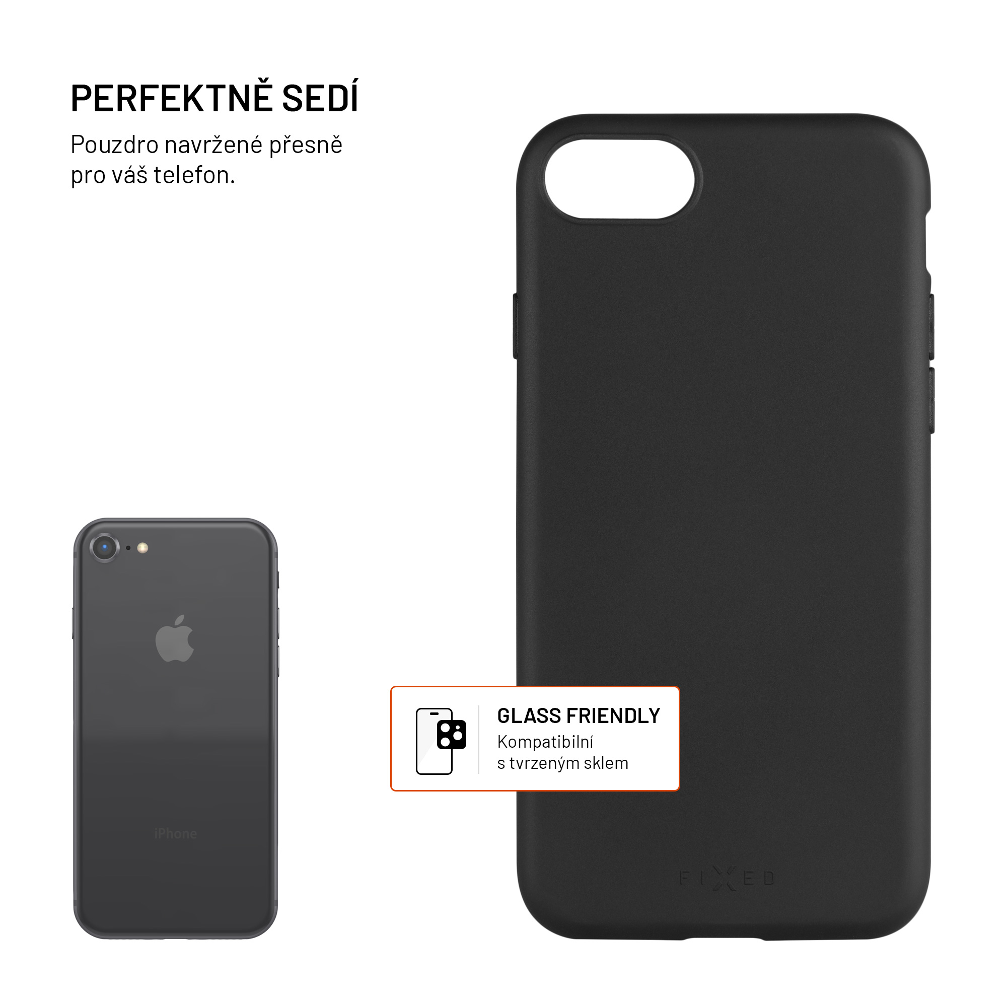Schwarze Handyhülle und ein passendes Smartphone mit Text auf weißem Hintergrund.