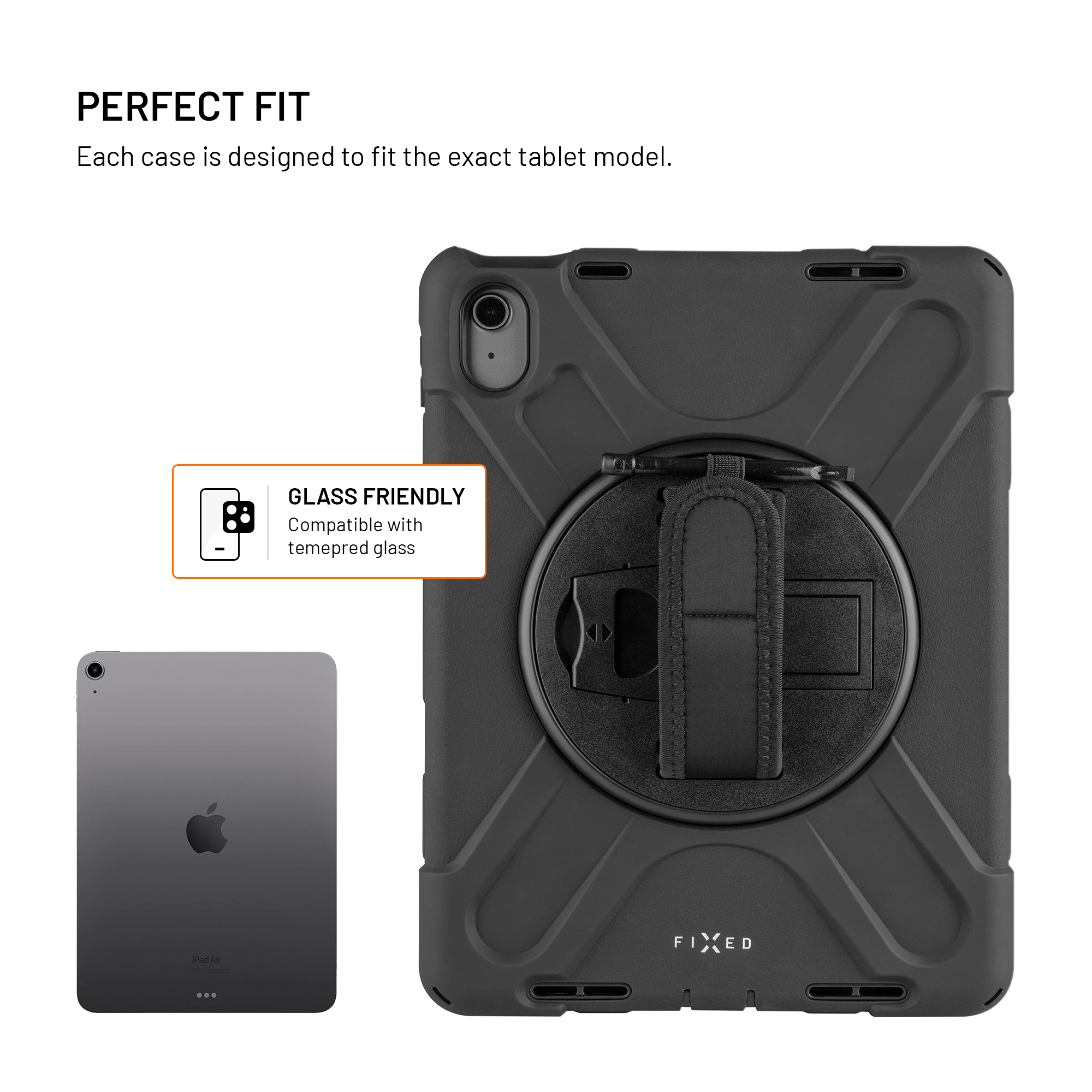 Schwarze Schutzhülle mit integriertem Ständer und Handschlaufe, daneben ein iPad.