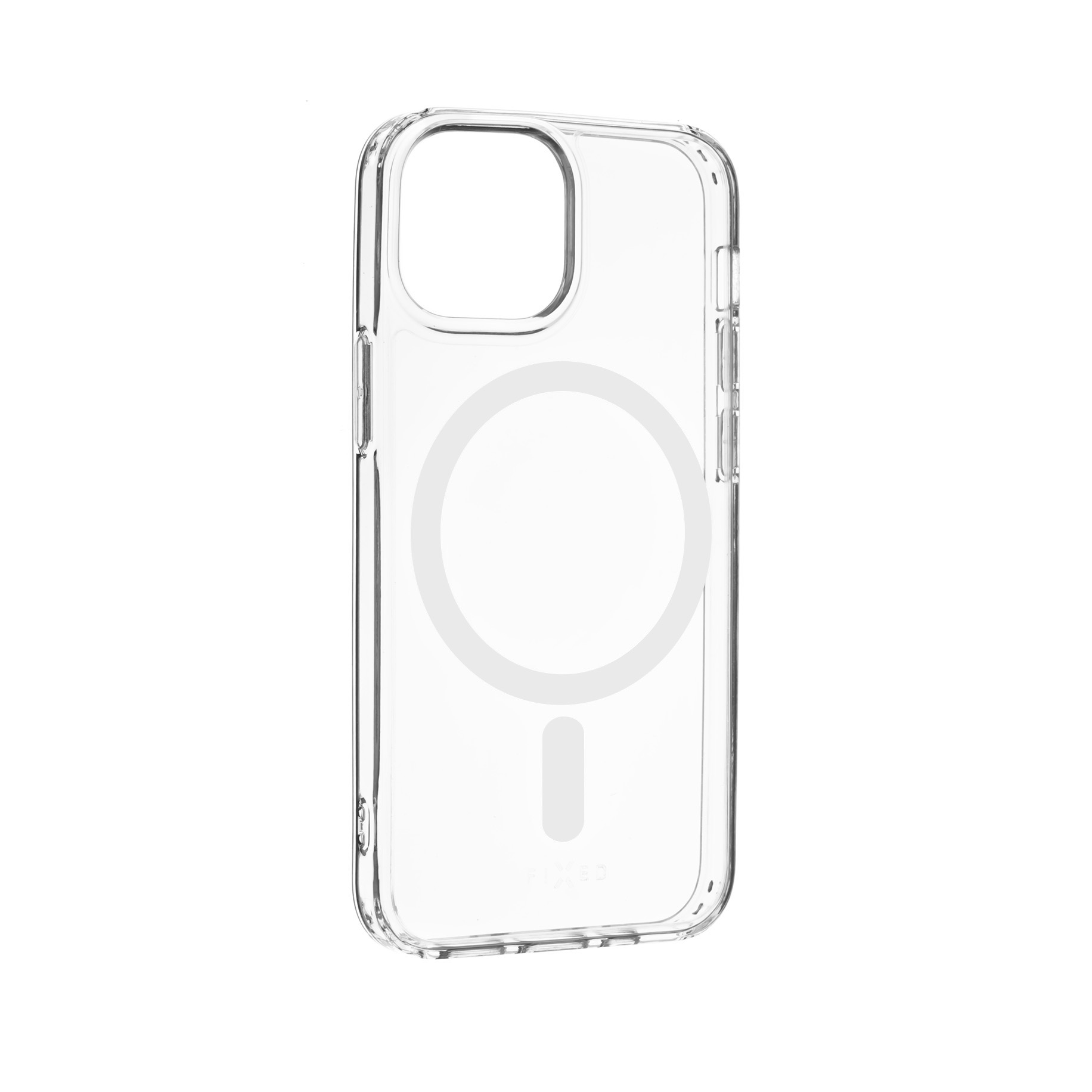 Eine transparente Handyhülle mit MagSafe-Ring auf der Rückseite vor weißem Hintergrund.