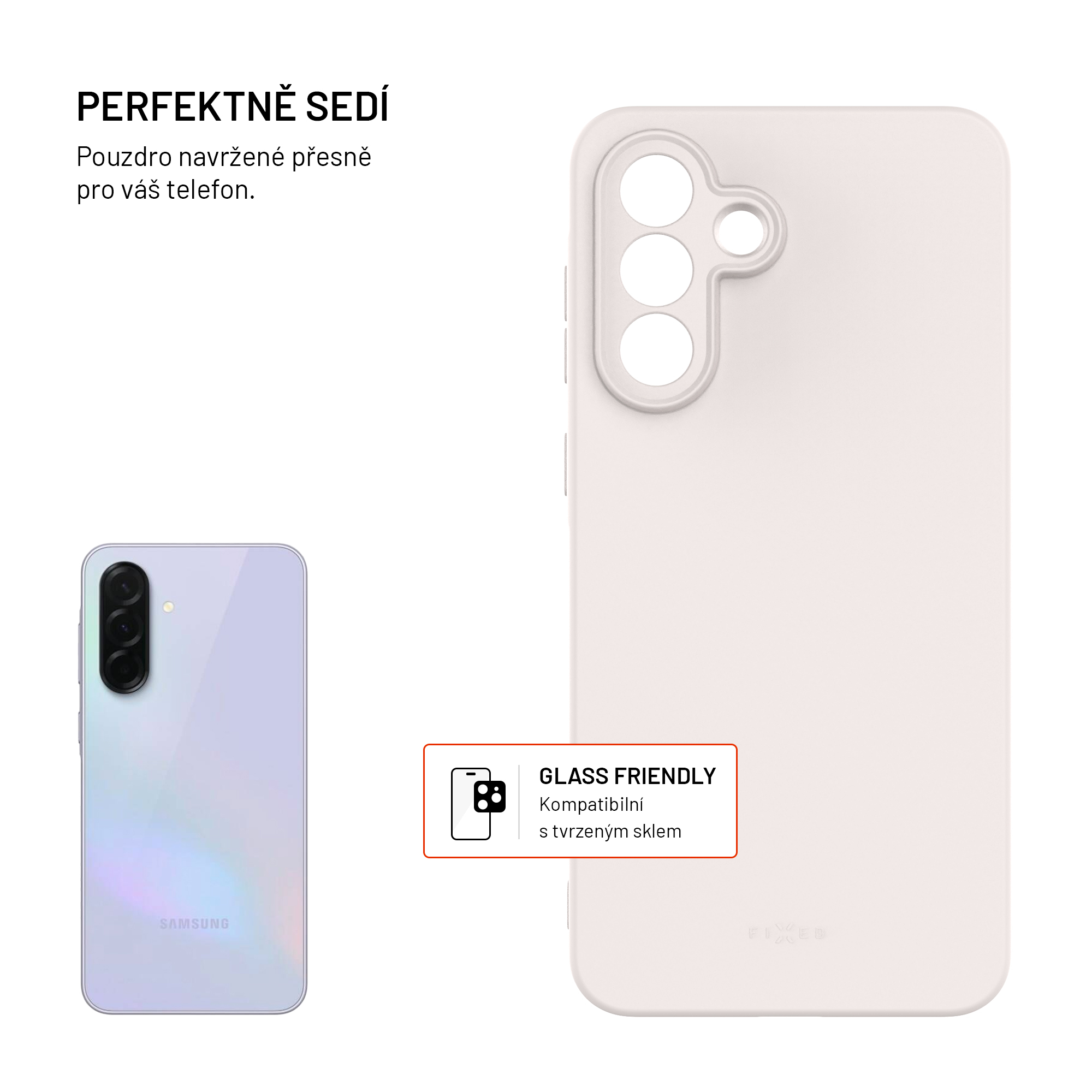 Ein weißes Telefoncase und ein weißes Samsung-Smartphone mit drei Kameras auf der Rückseite.