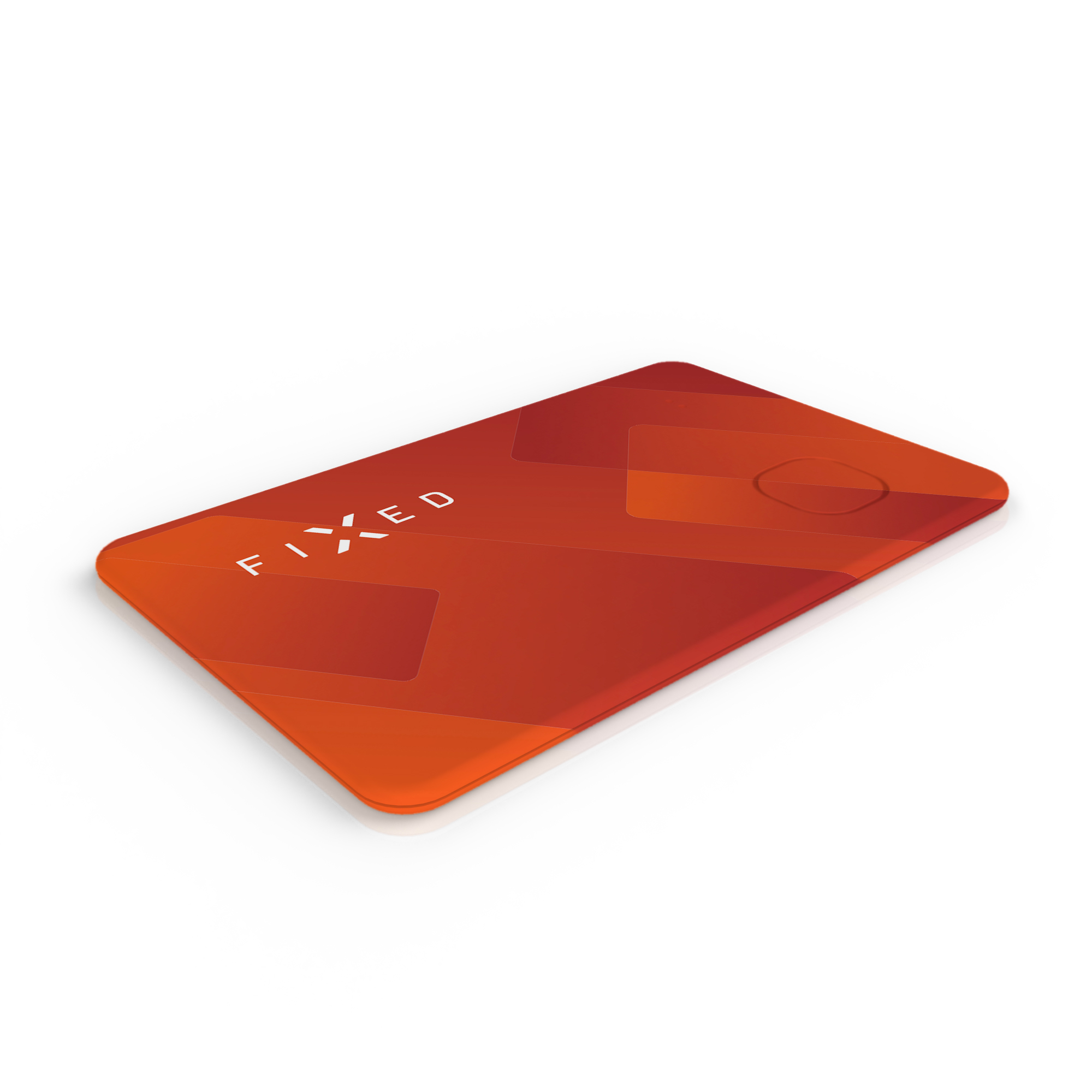 Ein rotes, rechteckiges Fixed Smart Tag mit geometrischen Mustern und weißem Logo auf weißem Hintergrund.