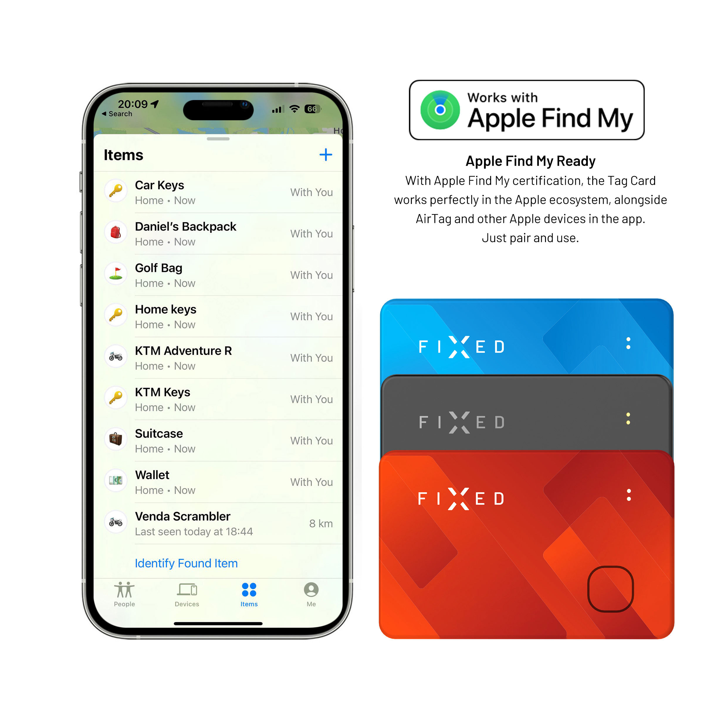 Ein Smartphone zeigt die Apple Find My App mit Gegenständen und drei FIXD-Karten in Blau, Grau und Rot.