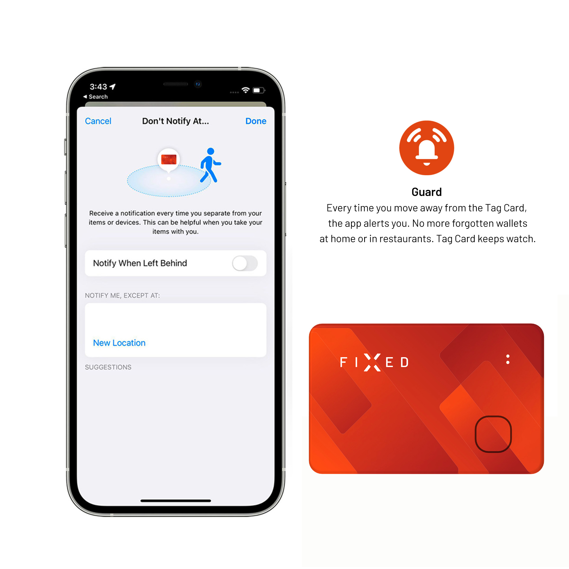 App-Bildschirm zeigt Benachrichtigungseinstellungen für eine rote FIXD Tag-Karte mit Wächterfunktion.