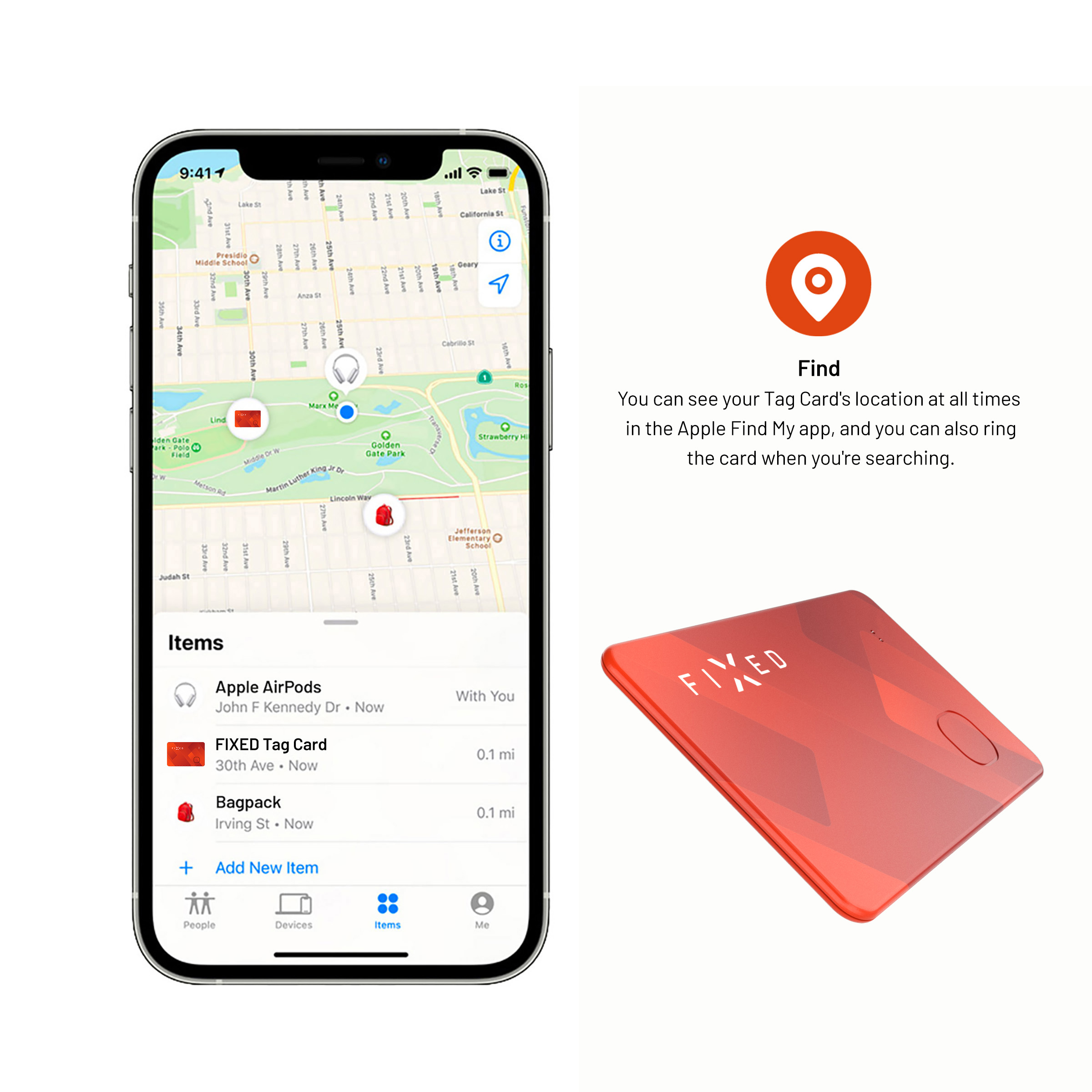 Ein Smartphone zeigt eine Tracking-App und rechts daneben liegt eine rote FIXED Tag Card.