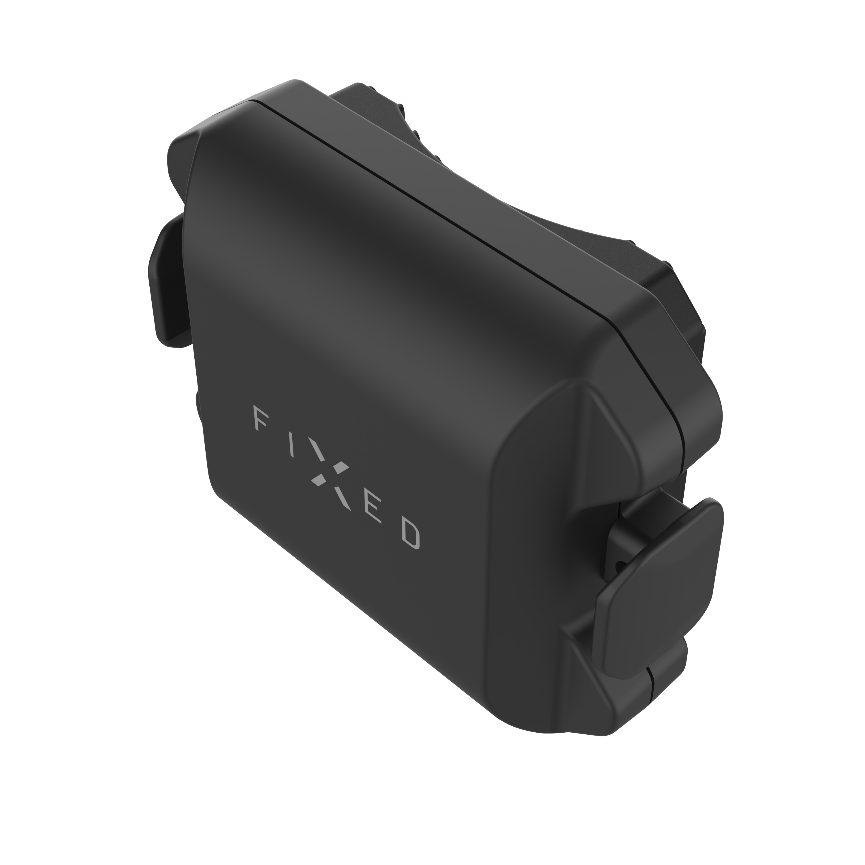 Ein schwarzes FIXED-Plastikgerät mit Clip auf weißem Hintergrund.