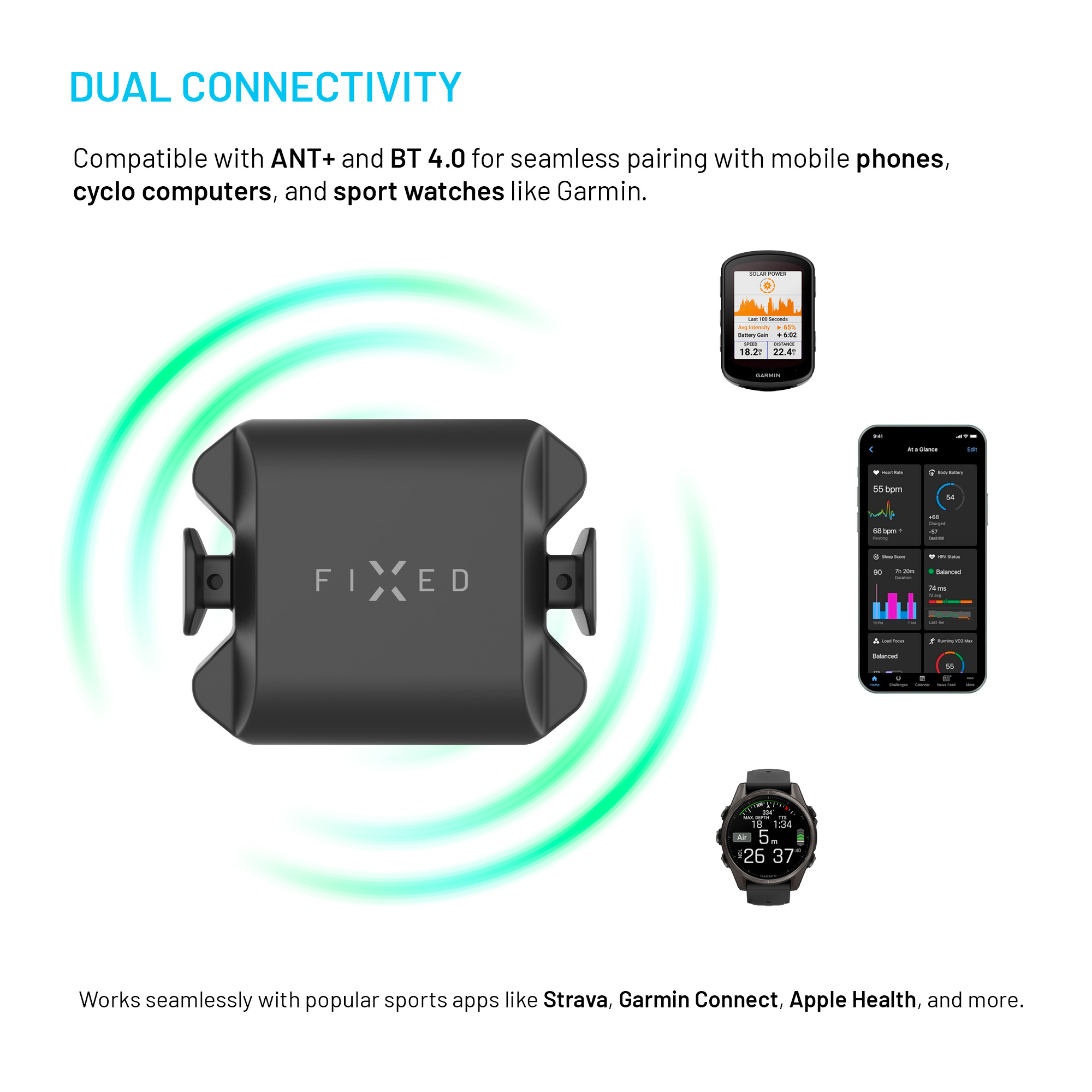 FIXED-Sensor mit dualer Konnektivität, verbunden mit Sportgeräten und Apps.
