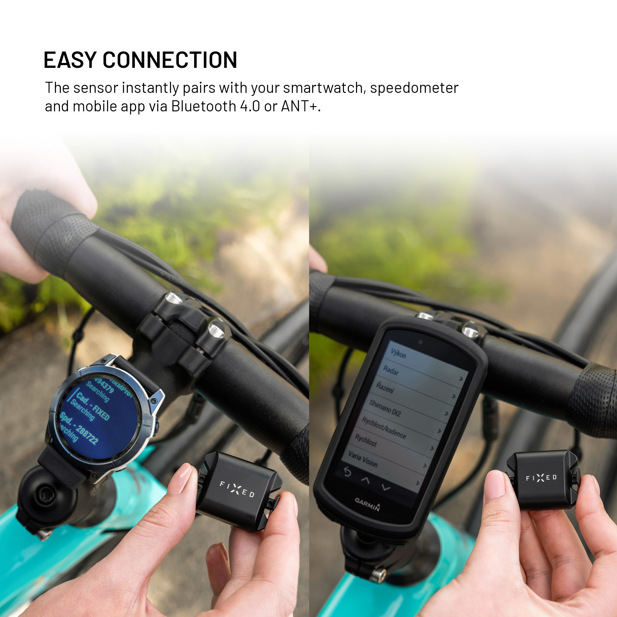 Hand hält einen FIXED Sensor neben einem Fahrradlenker mit Smartwatch und Fahrradcomputer.