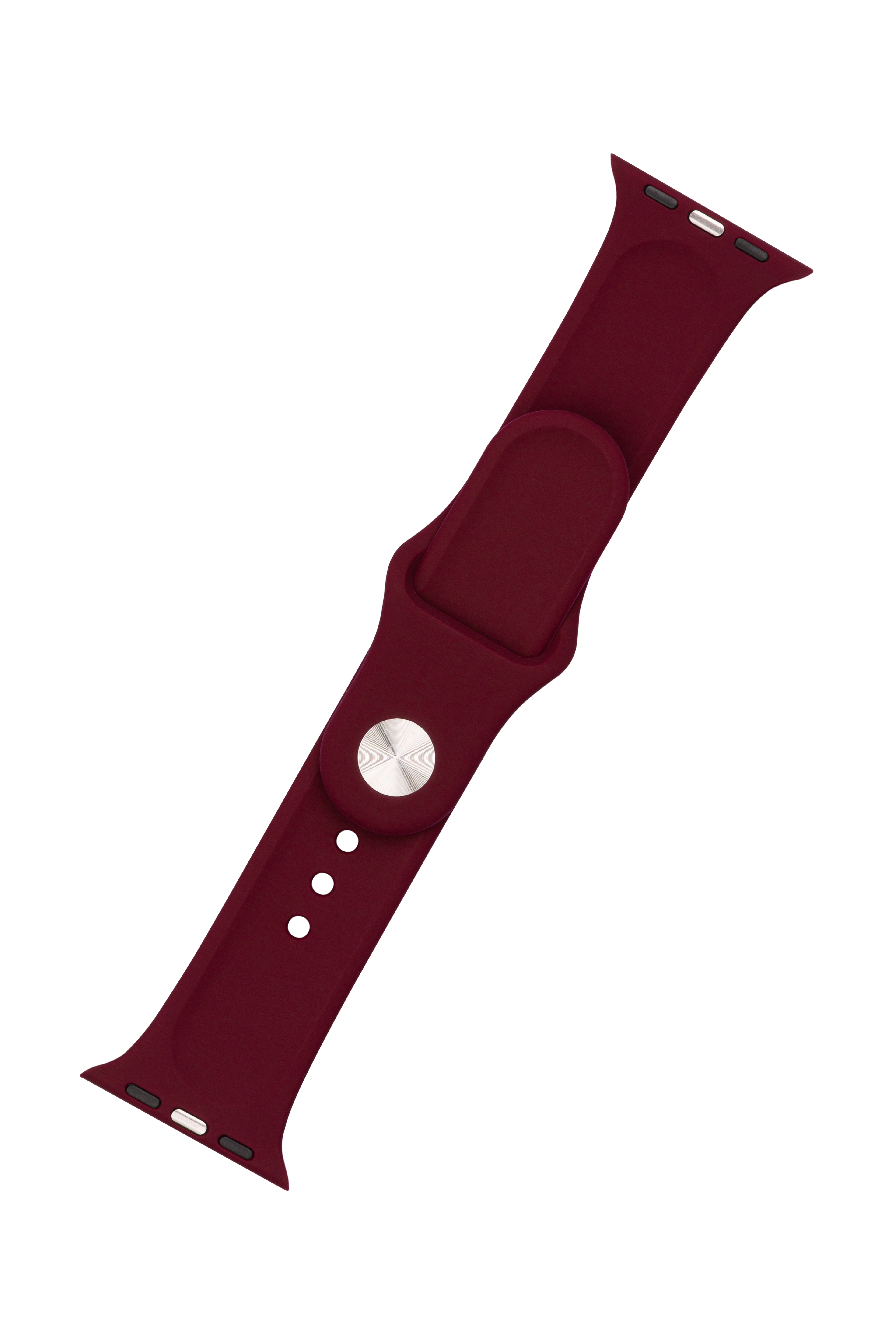 Ein kastanienbraunes Smartwatch-Silikonarmband mit silbernem Pin-Verschluss auf weißem Hintergrund.