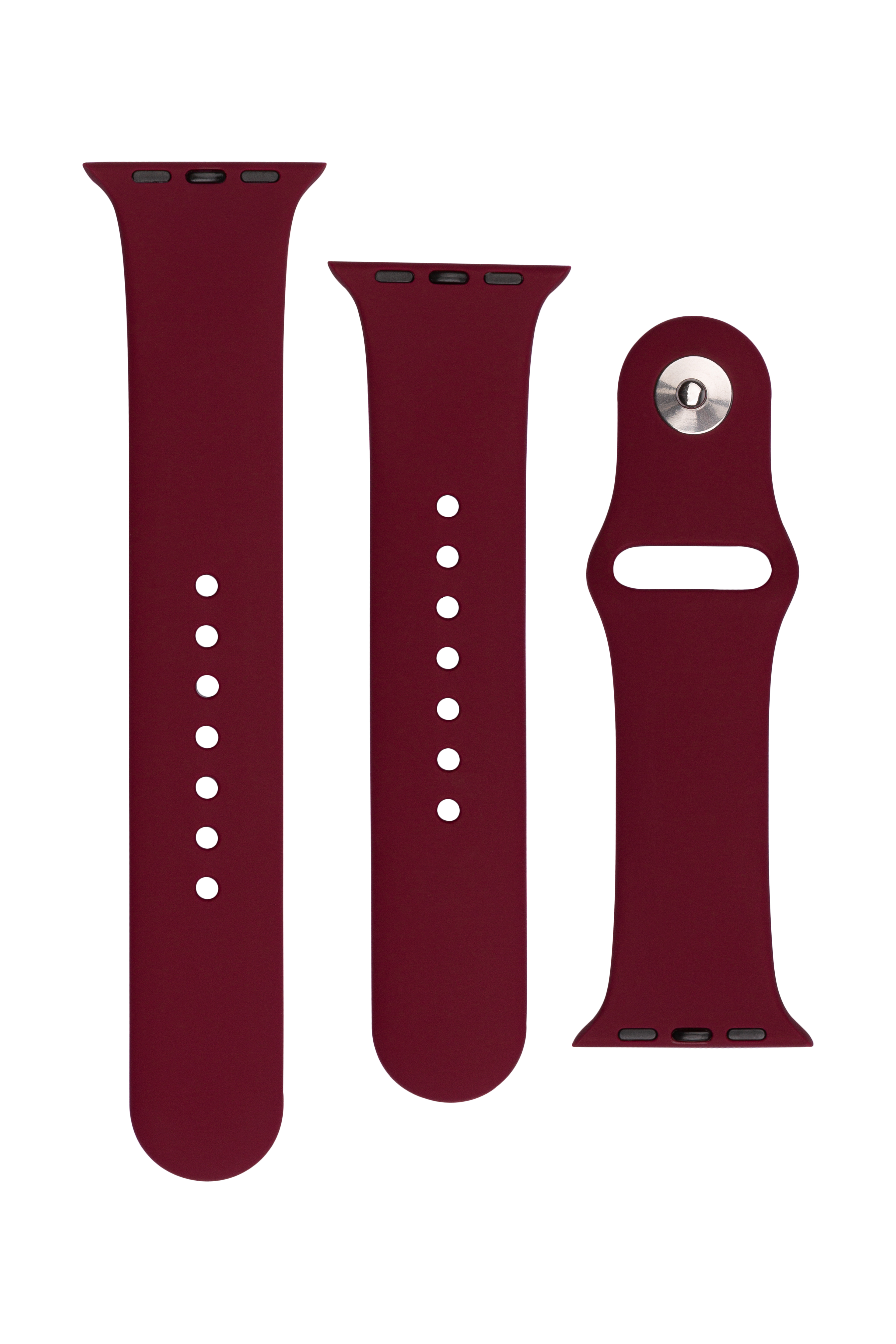 Drei dunkelrote Silikon-Smartwatch-Armbänder liegen auf weißem Grund.