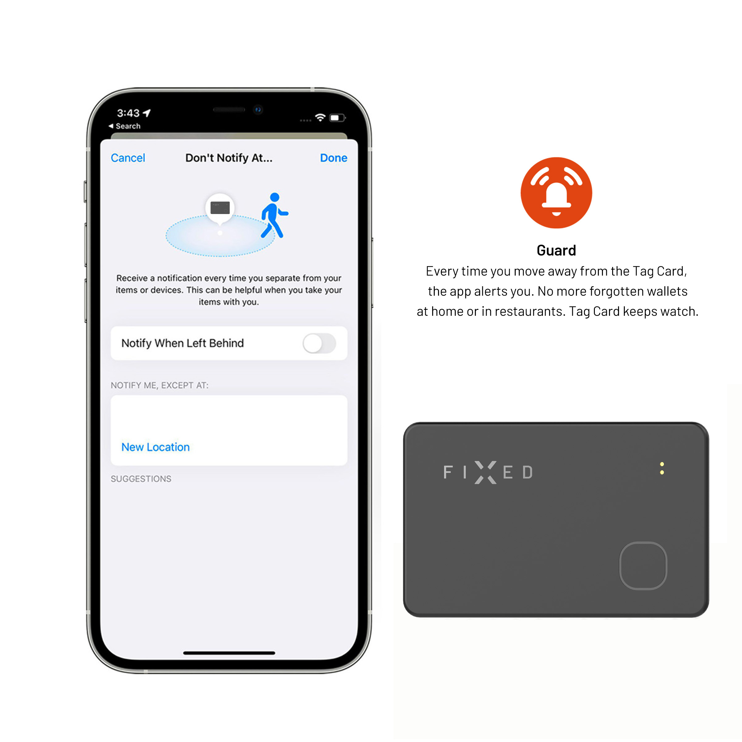 Smartphone zeigt App-Einstellung für Diebstahlschutz, daneben ein orangefarbenes Logo und eine schwarze Tag-Karte.