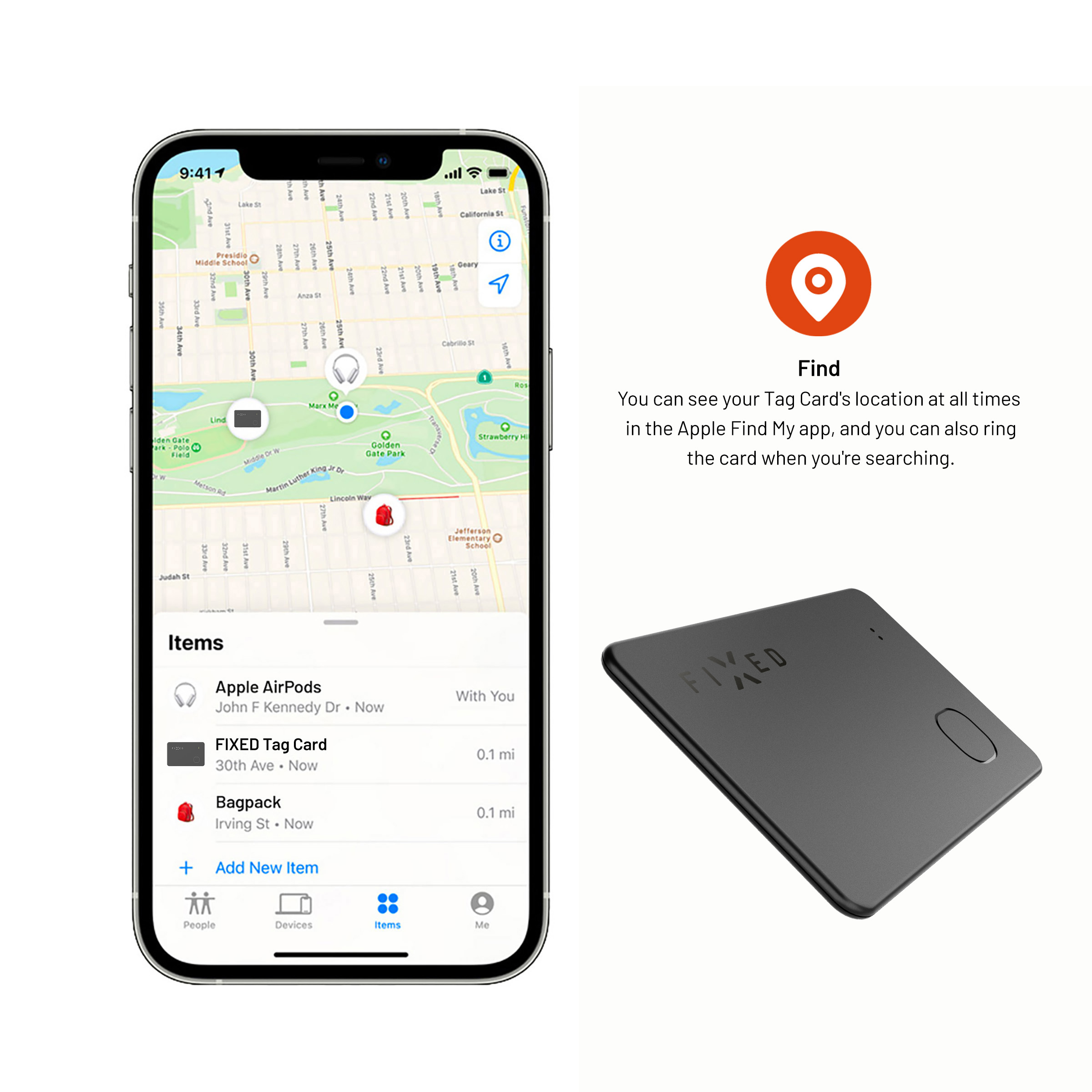Smartphone mit Apple Find My App zur Ortung einer FIXED Tag Card neben einer Karte.