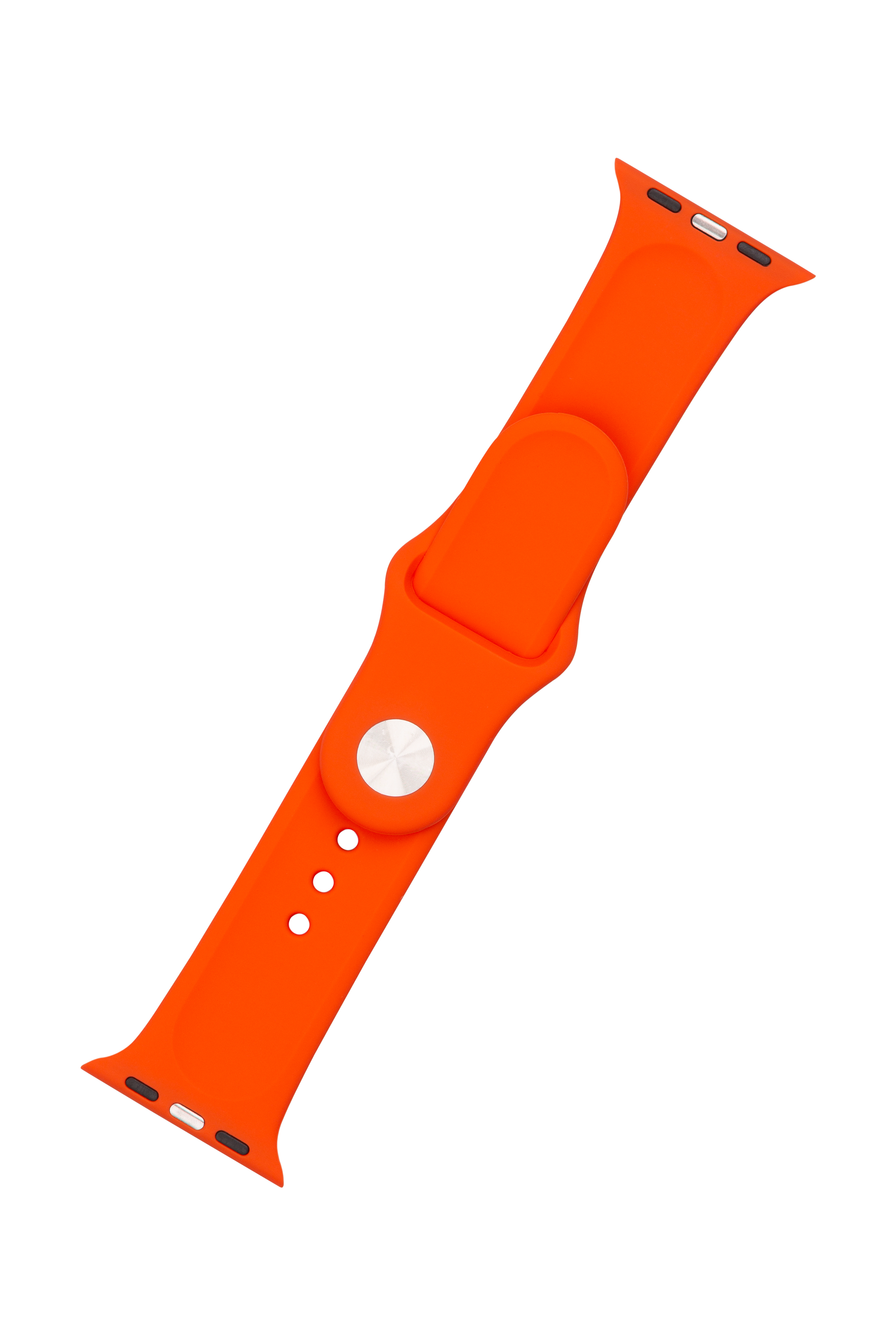 Ein leuchtend orangefarbenes Silikon-Uhrenarmband mit silbernem Metallknopf auf weißem Hintergrund.