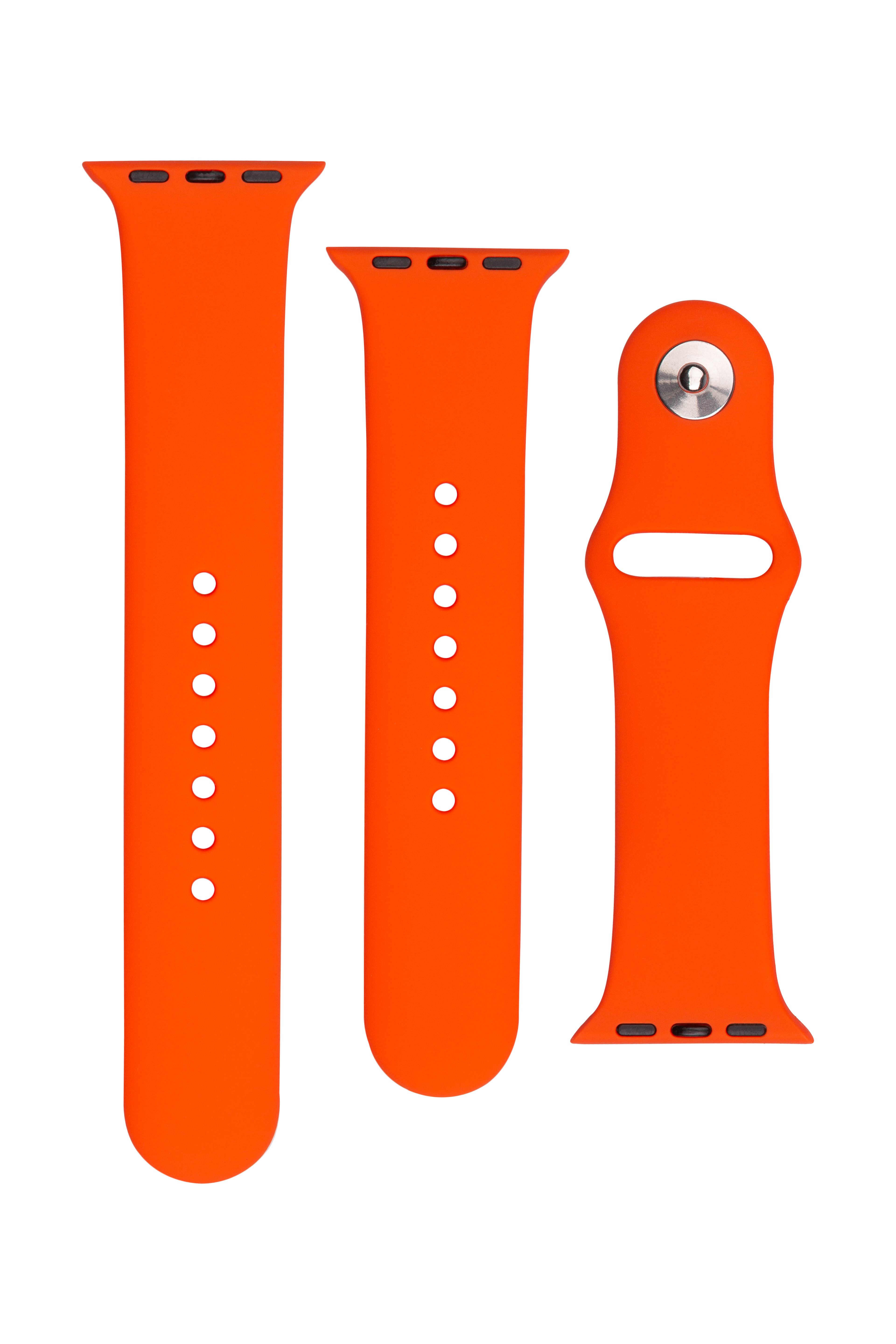 Drei orangefarbene Silikon-Smartwatch-Armbänder liegen auf weißem Hintergrund.