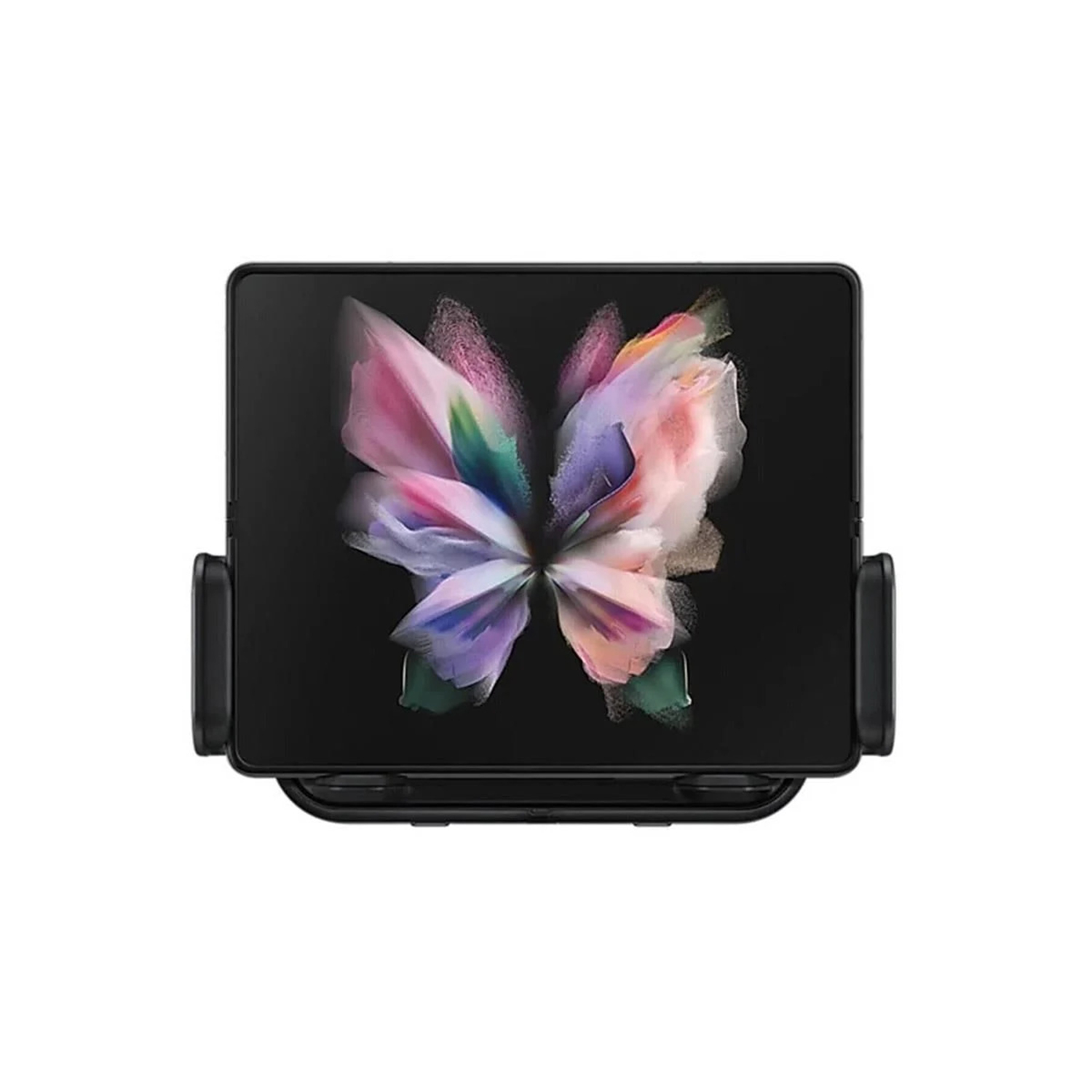 Uno smartphone pieghevole nero in un supporto per auto nero mostra uno sfondo di farfalla colorato.