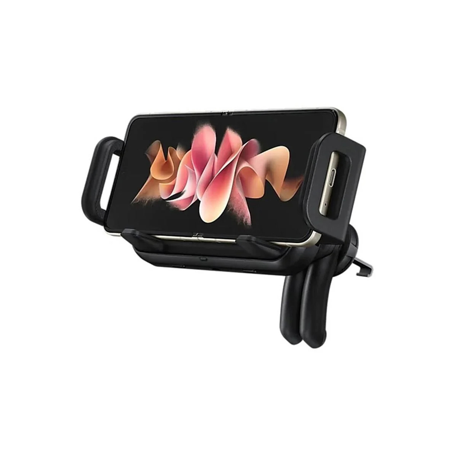 Uno smartphone in un supporto nero per auto con display astratto e clip per bocchetta.