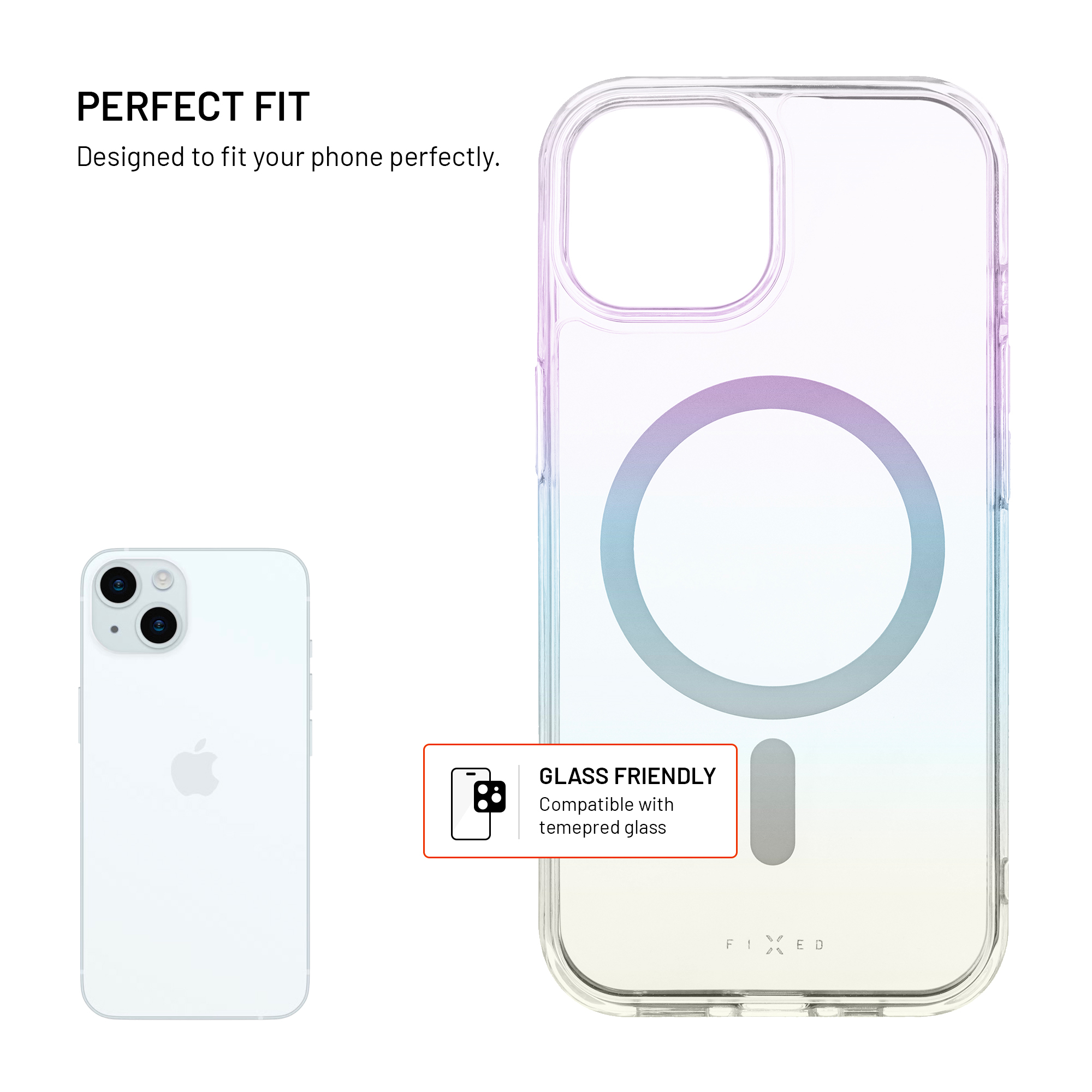 Transparente Farbverlauf-Handyhülle mit MagSafe-Ring und weißem iPhone auf weißem Hintergrund mit Text.