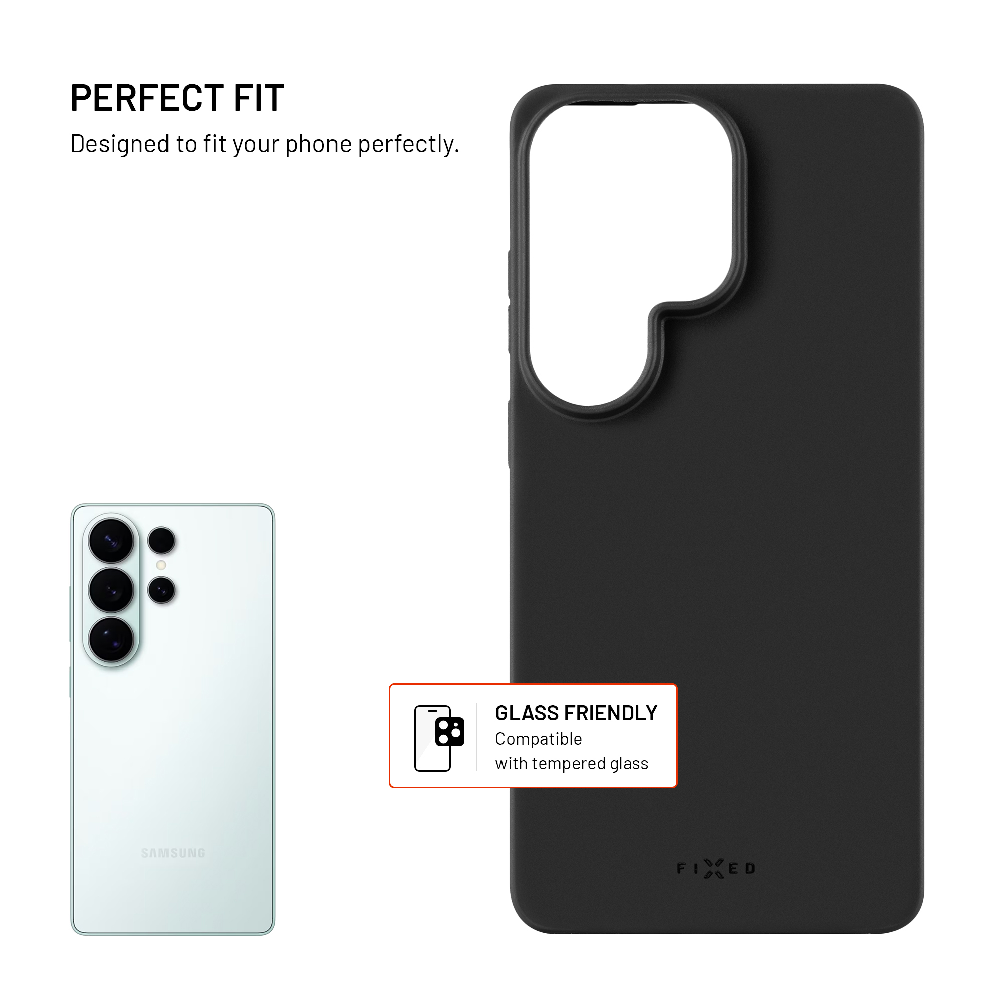 Eine schwarze Handytasche neben einem weißen Samsung Smartphone und Text über Glasverträglichkeit.