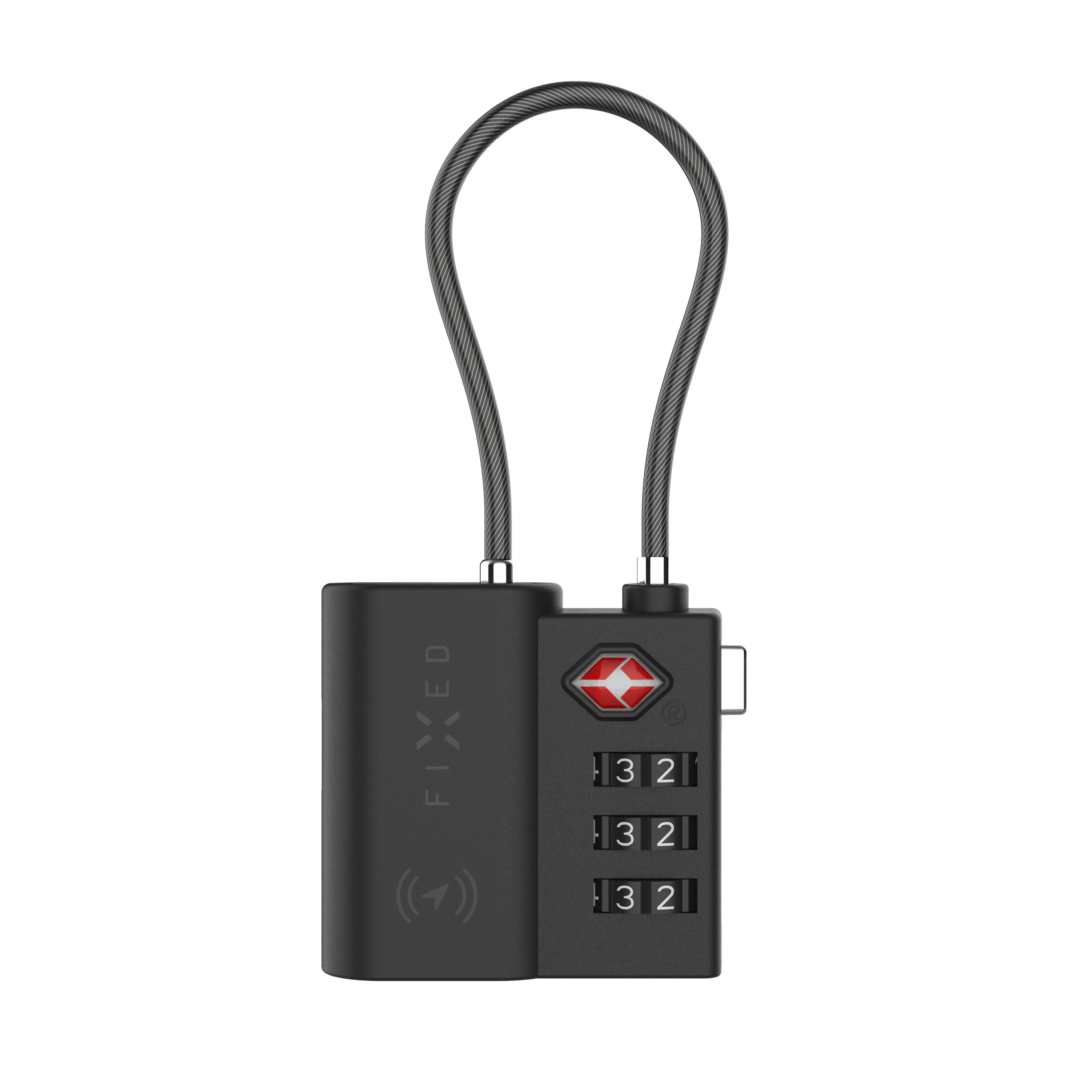 Ein schwarzes TSA-Zahlenschloss mit flexiblem Kabel und Zifferblättern zeigt 322 vor weißem Hintergrund.