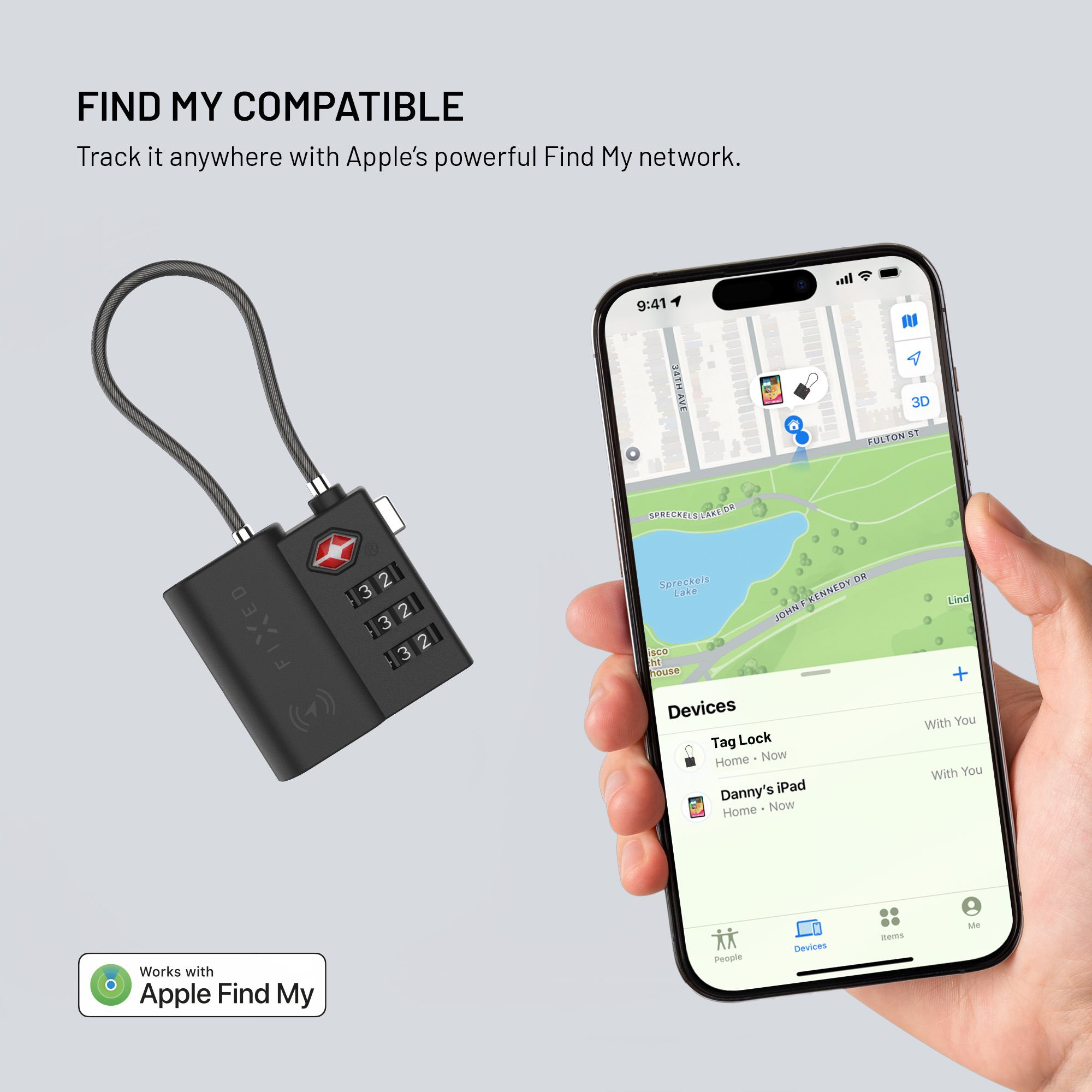 Ein schwarzes Kofferschloss und ein Smartphone mit einer Apple Find My-App, die den Gerätestandort anzeigt.