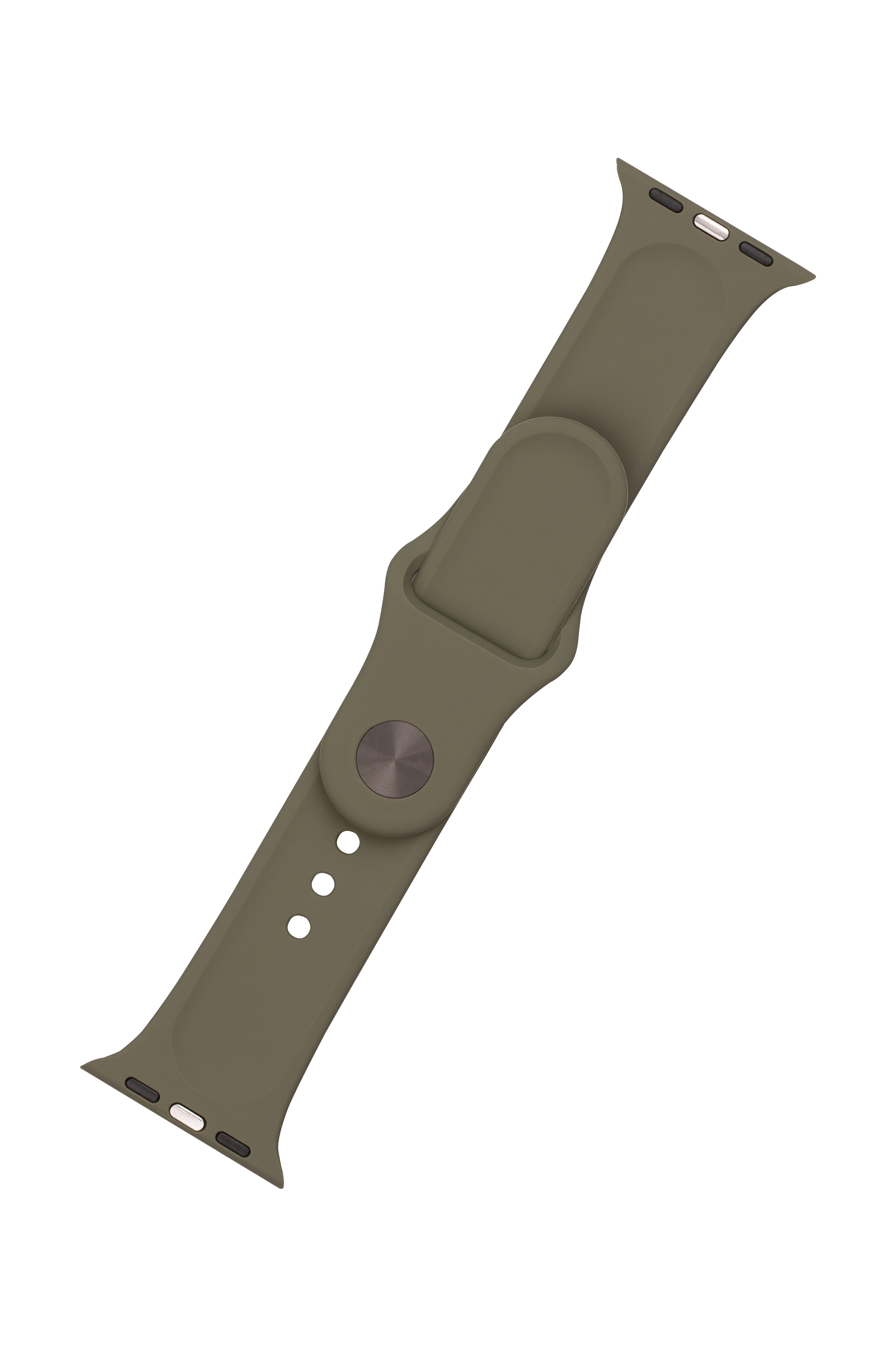 Ein olivgrünes Silikon-Smartwatch-Armband mit silbernem Pin auf weißem Hintergrund.