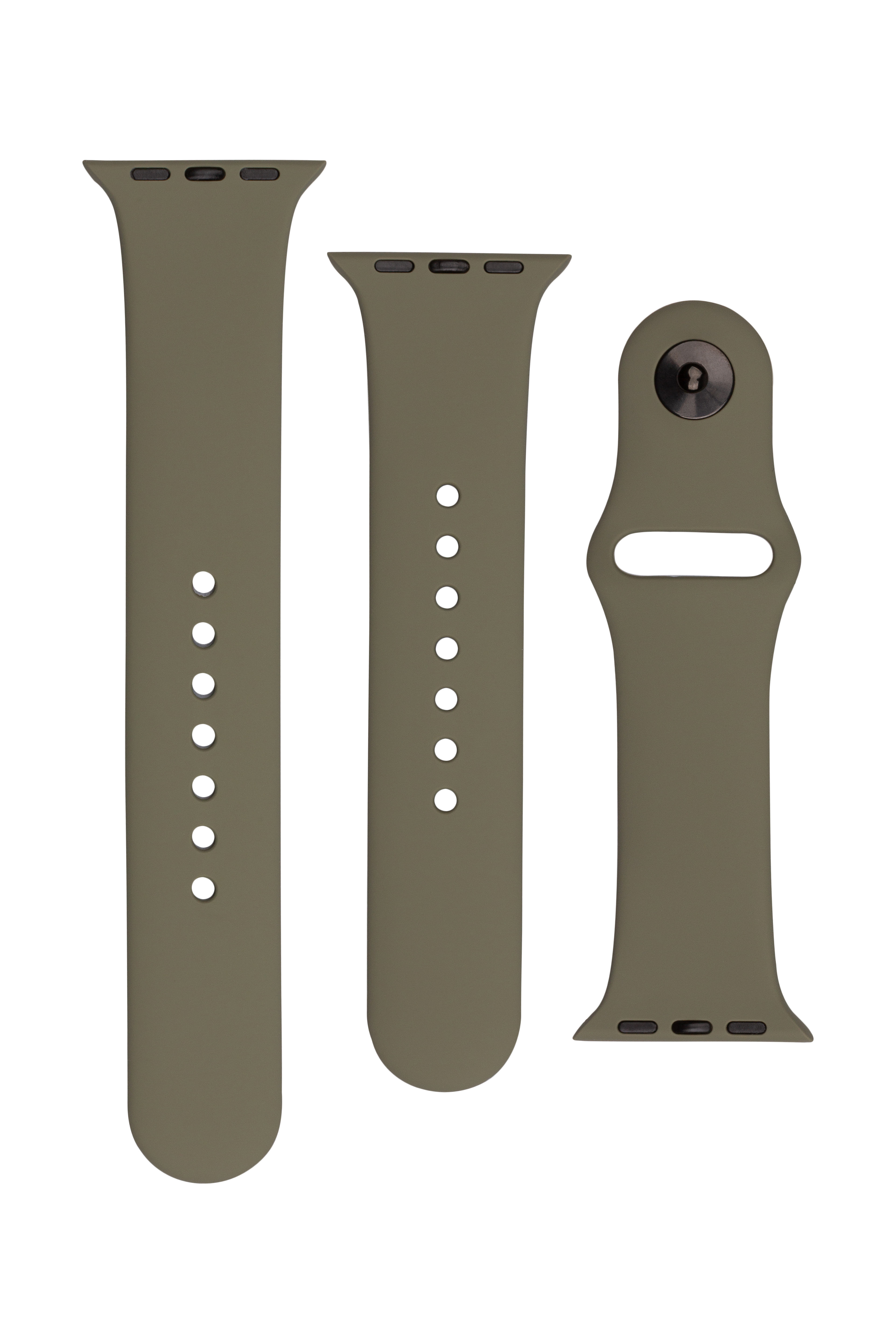 Drei olivgrüne Silikon-Uhrenarmbänder flach auf weißem Hintergrund, inklusive zwei langer und einem kurzen Teil.