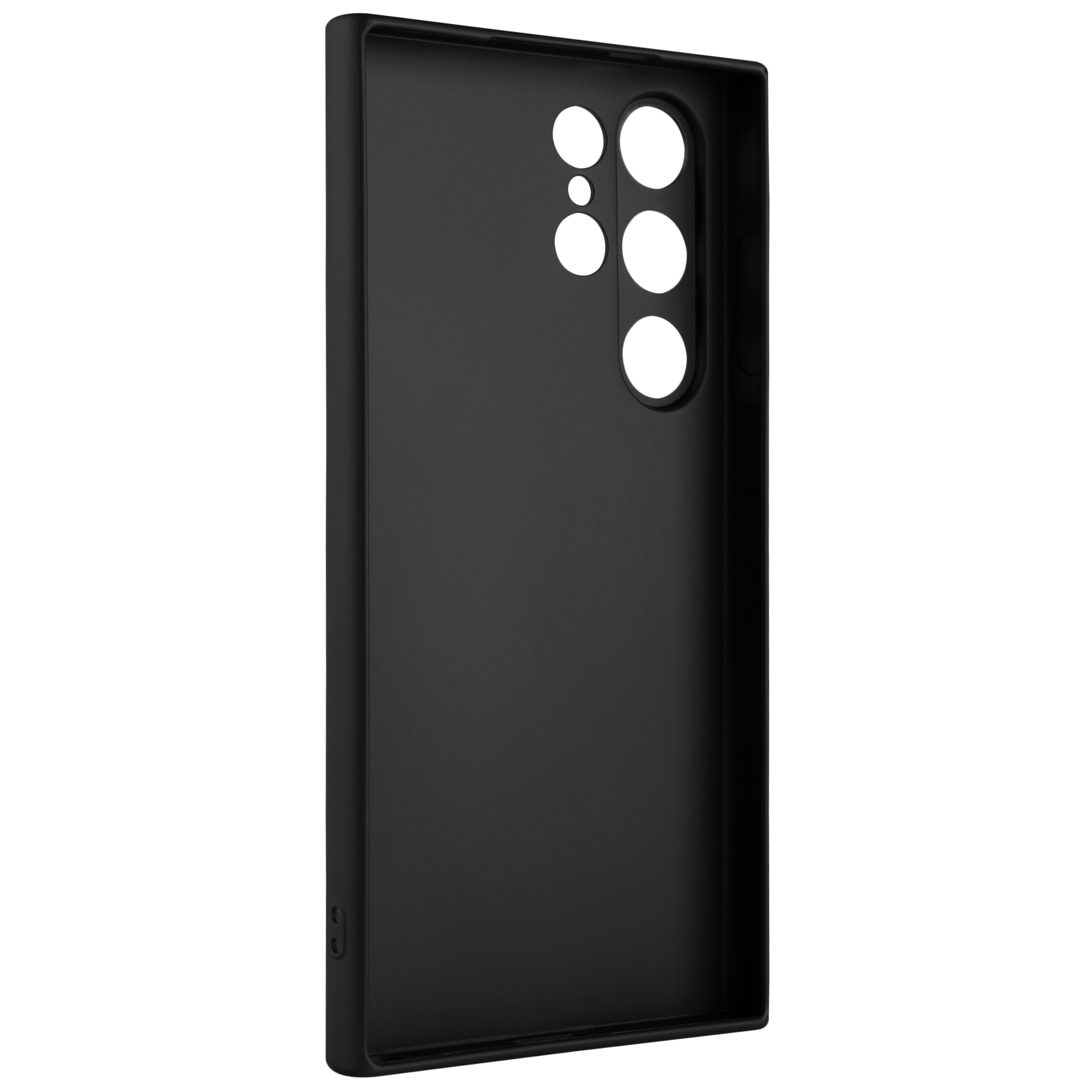 Eine mattschwarze Smartphone-Hülle mit präzisen Aussparungen für Kameraobjektive.