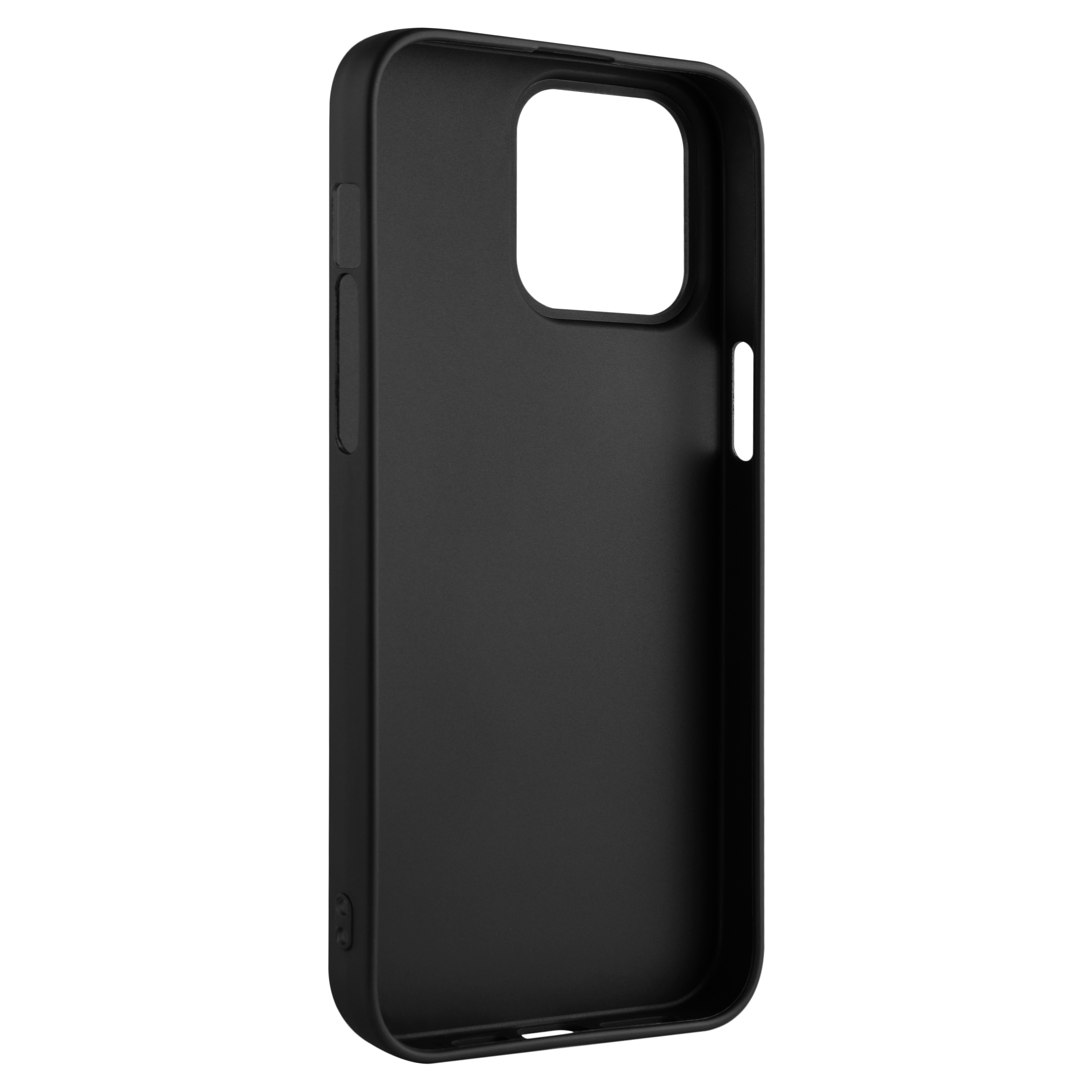 Eine schwarze, matte Handyhülle aus Silikon mit quadratischer Kameraaussparung auf weißem Hintergrund.