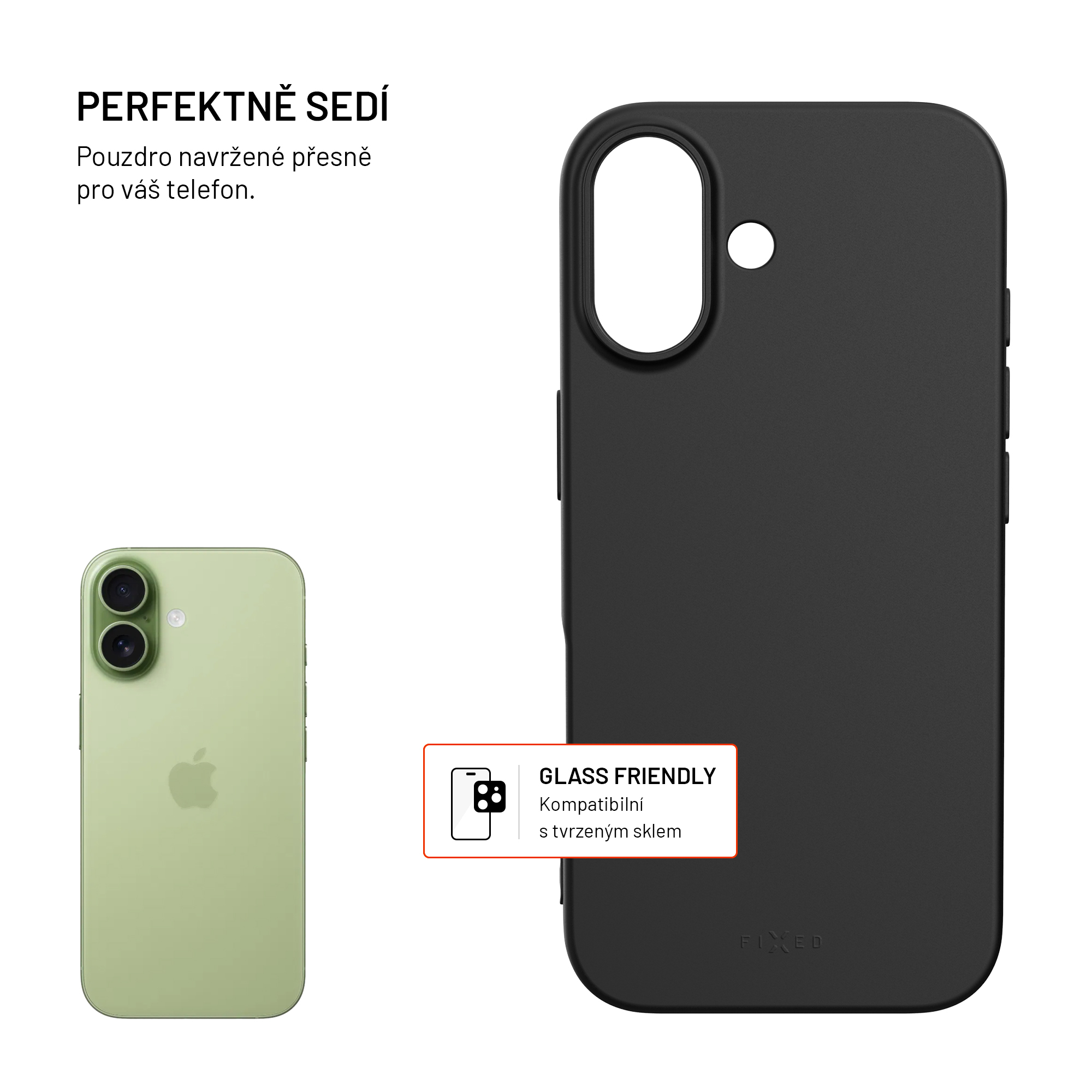 Eine schwarze Handytasche neben einem hellgrünen Smartphone und einem Symbol.