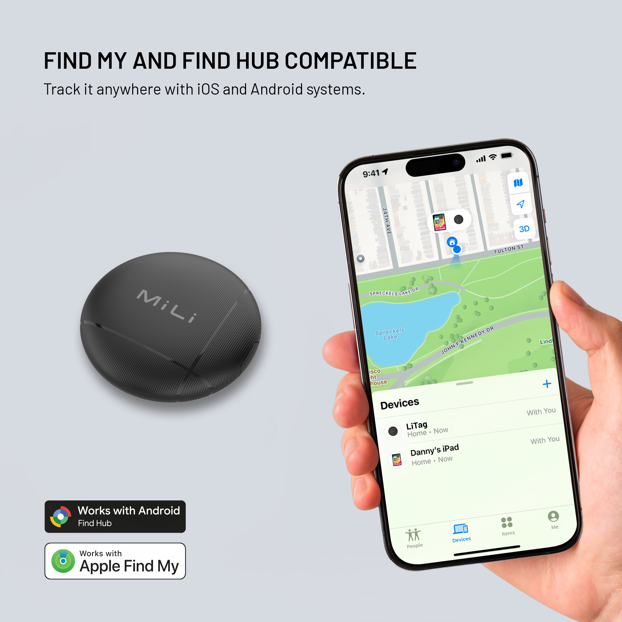 Ein runder, schwarzer MiLi Tracker und ein Smartphone mit einer Ortungs-App auf dem Bildschirm.
