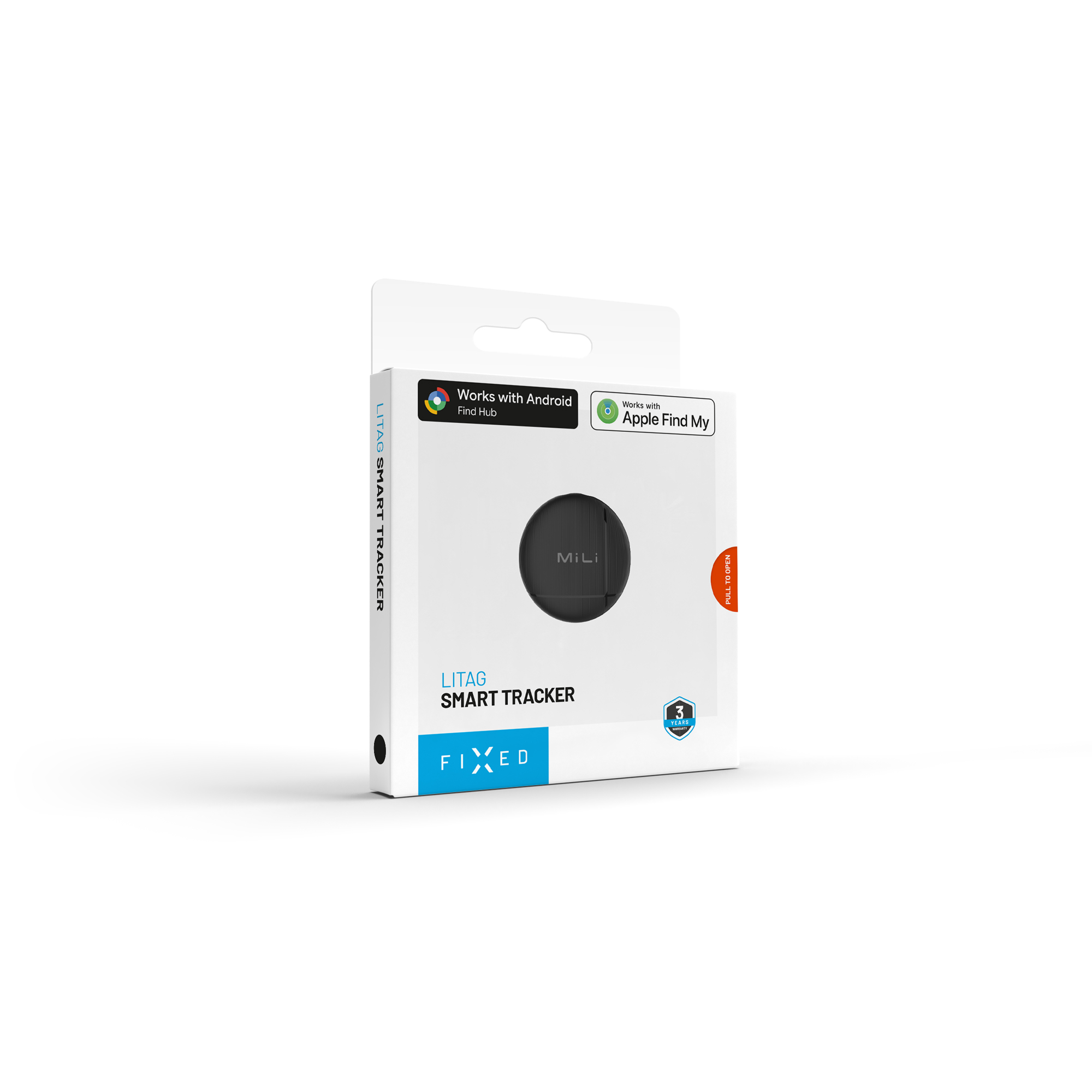 Eine weiße Produktverpackung für den LITAG Smart Tracker mit schwarzem Tracker und Kompatibilitätslogos auf weißem Grund.