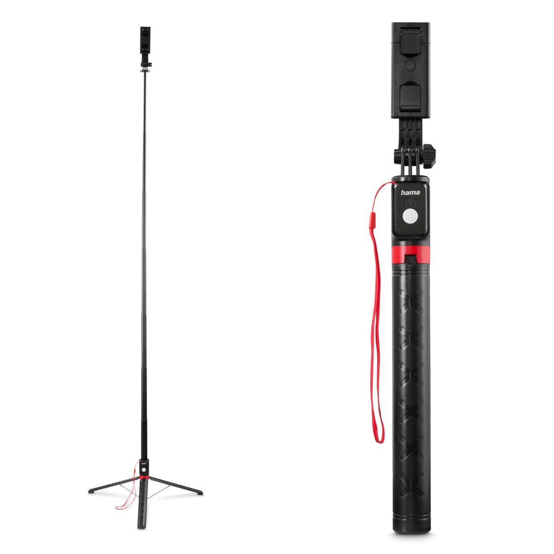 Un selfie stick nero estensibile con treppiede integrato e cordino rosso su sfondo bianco.