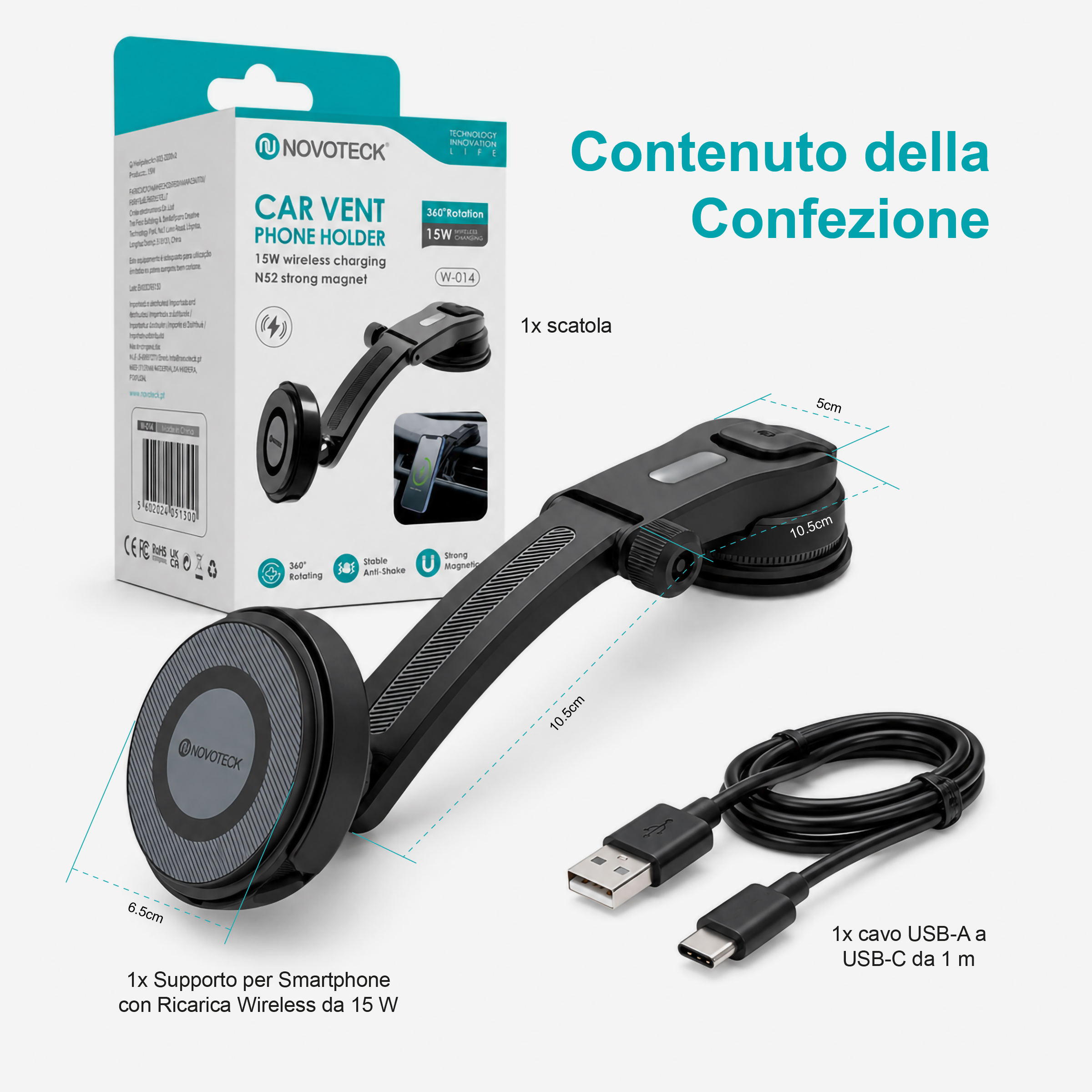 Contenuto della confezione con supporto, cavo USB e scatola.