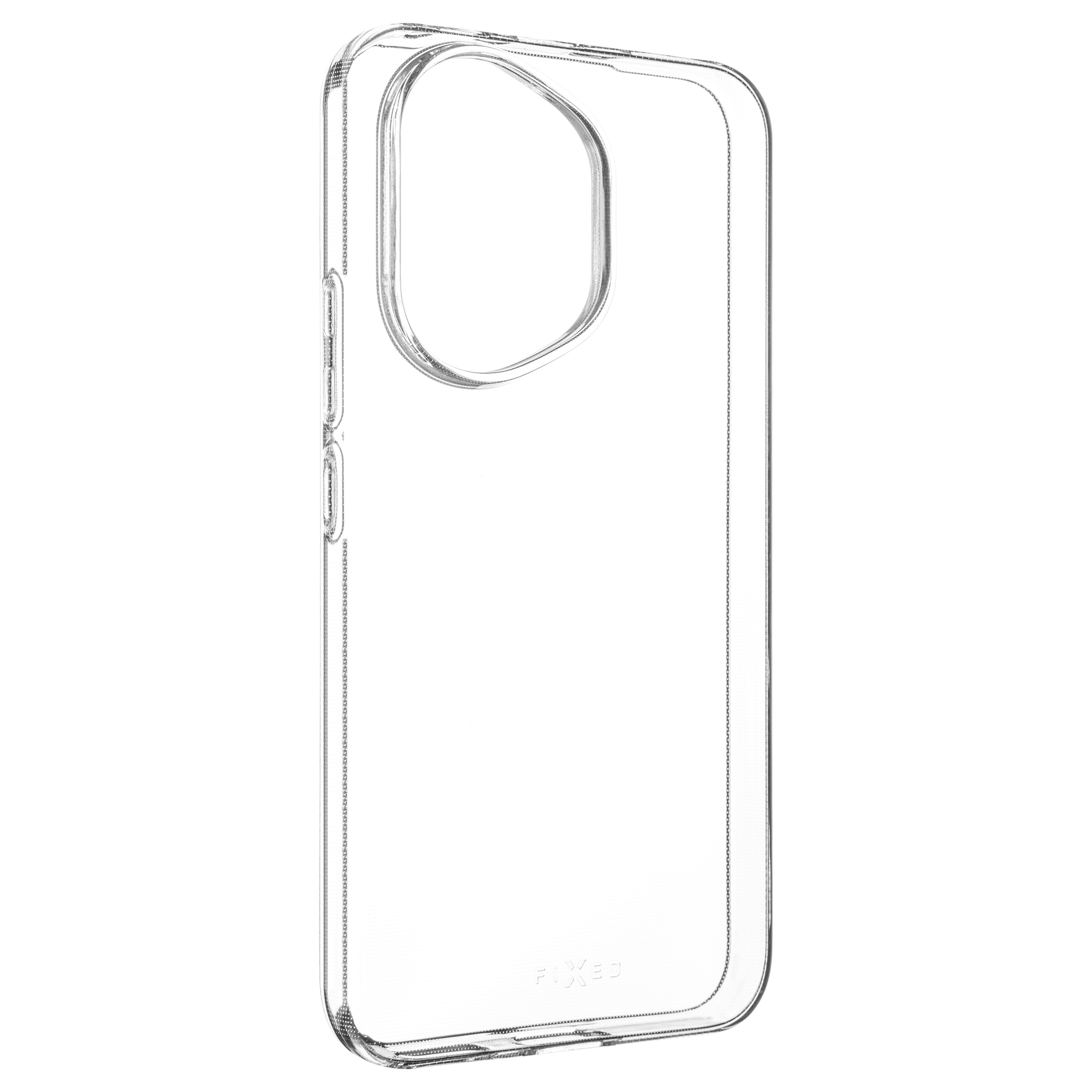 Eine klare, transparente Smartphone-Hülle aus schräger Perspektive vor weißem Hintergrund.