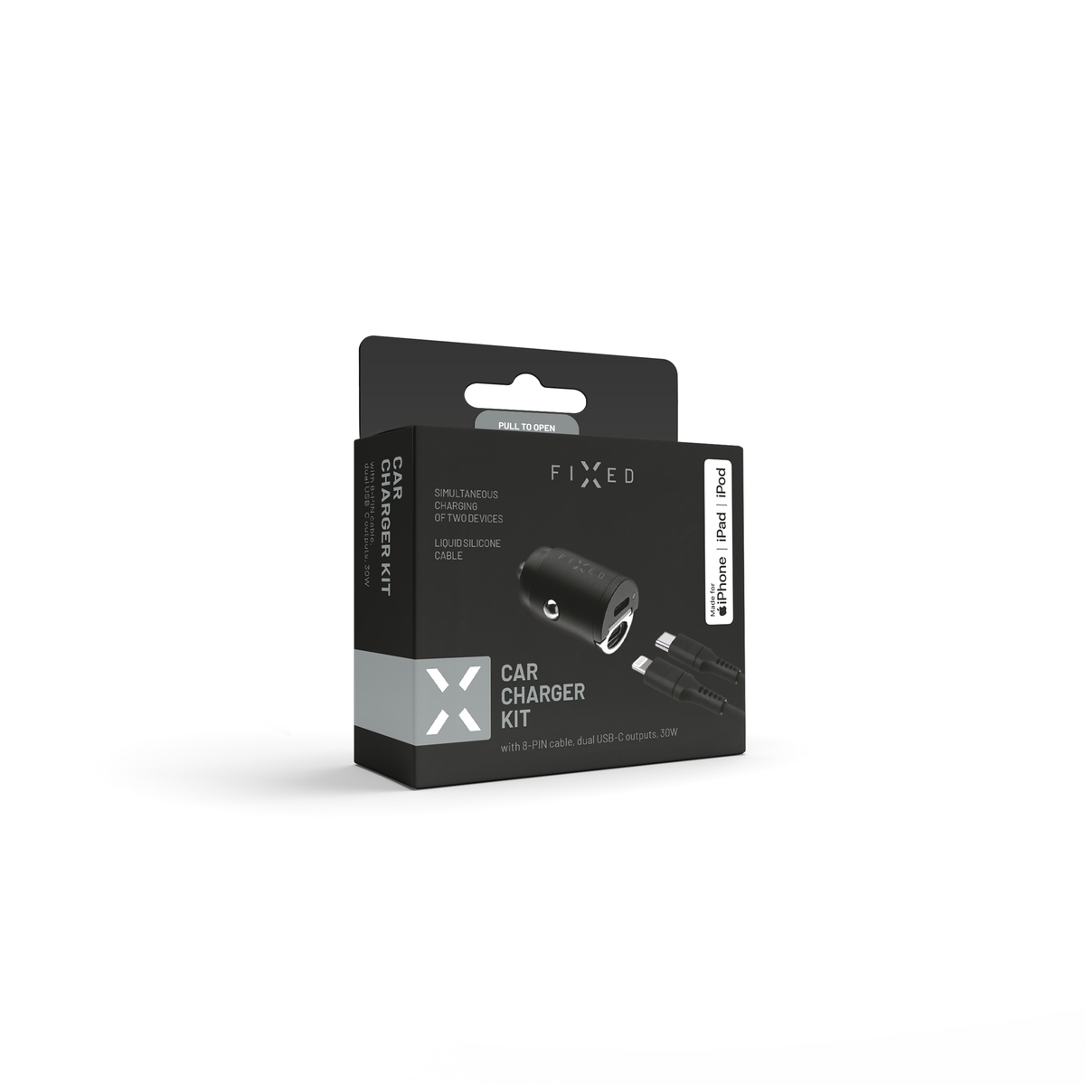 Schwarze Verpackung eines FIXED Car Charger Kits für iPhone, iPad und iPod mit Ladekabel vor weißem Hintergrund.