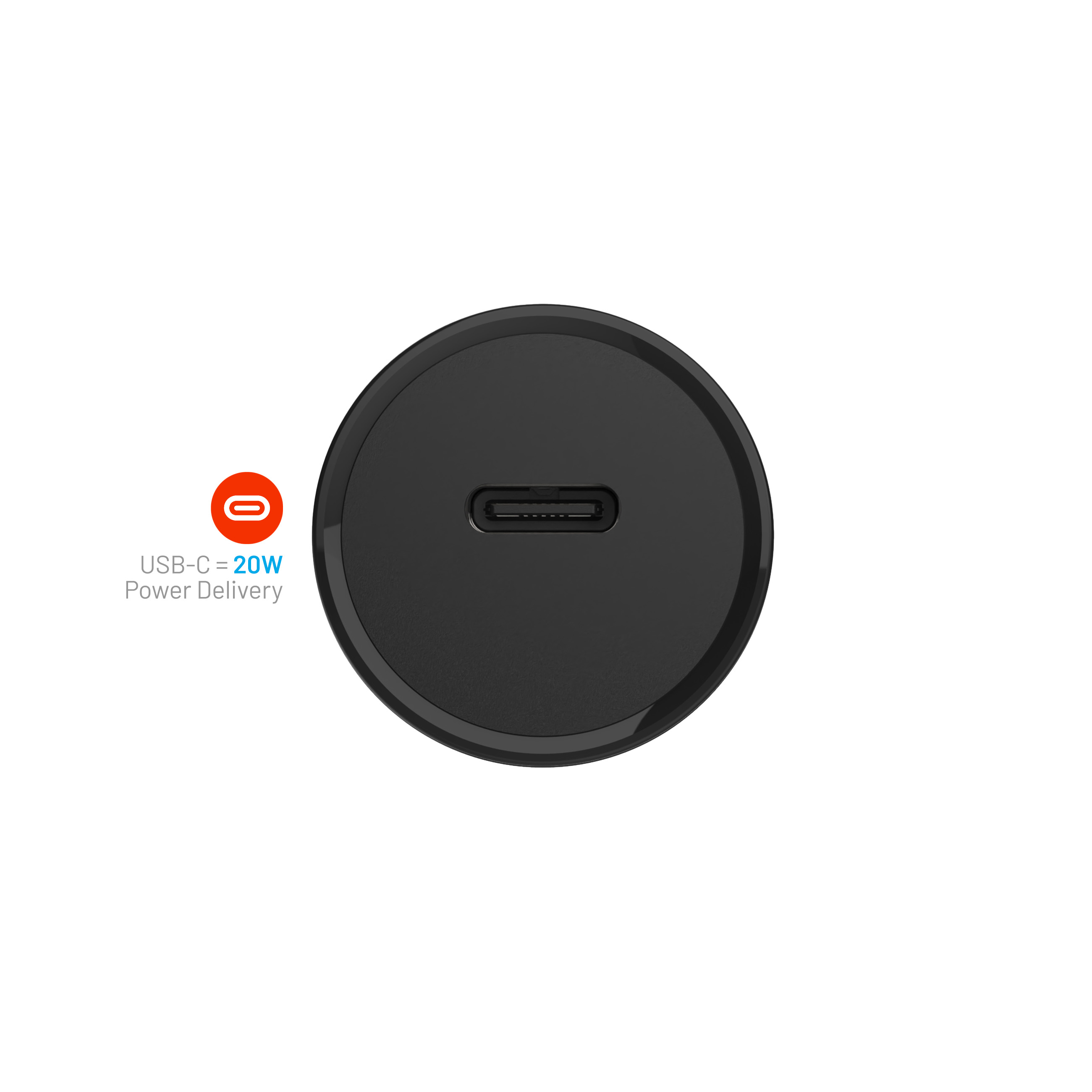 Schwarzer Wandlader mit einem USB-C-Anschluss für 20W Power Delivery.