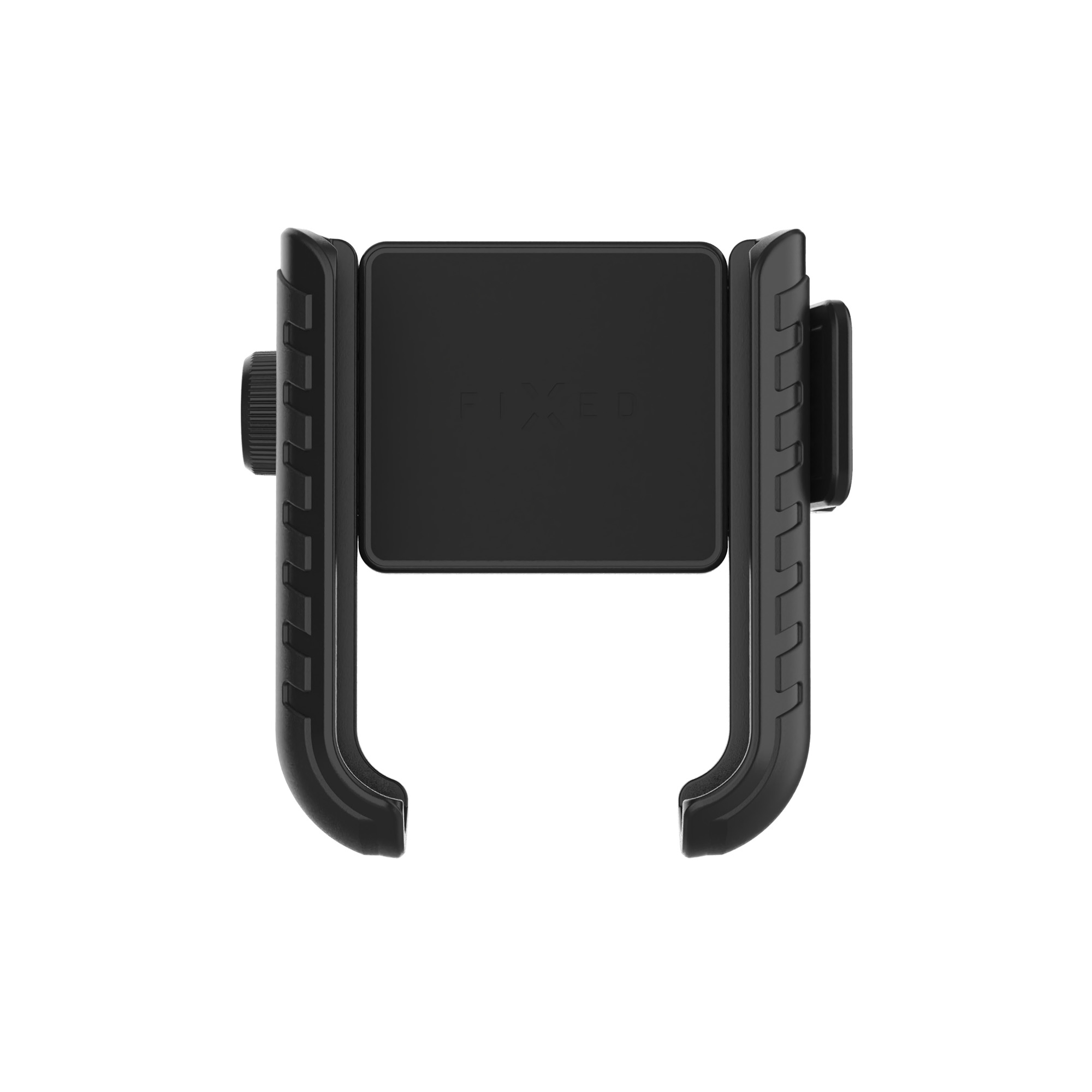 Ein schwarzer Smartphone-Halter aus Kunststoff mit Seitengriffen auf weißem Hintergrund.
