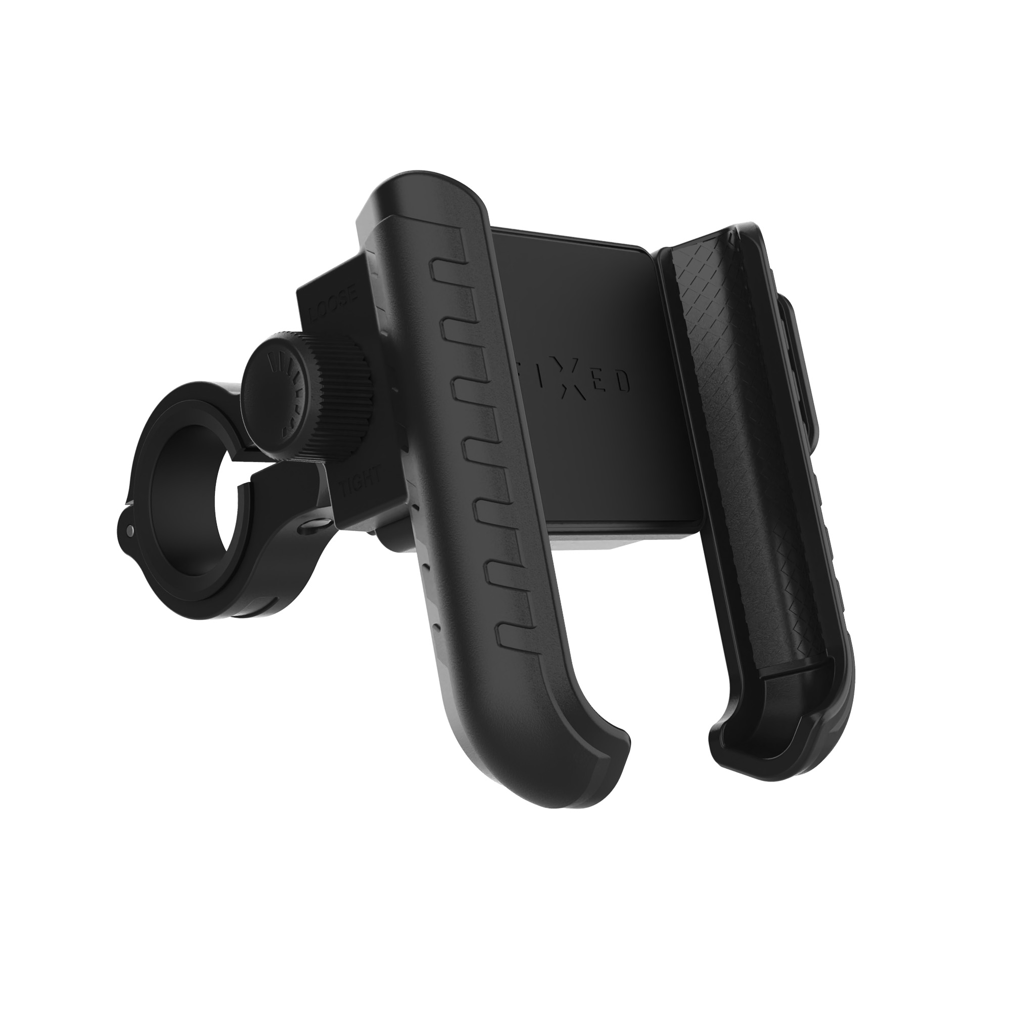 Ein schwarzer, verstellbarer Smartphone-Fahrradhalter mit Lenkerklemme vor einem weißen Hintergrund.