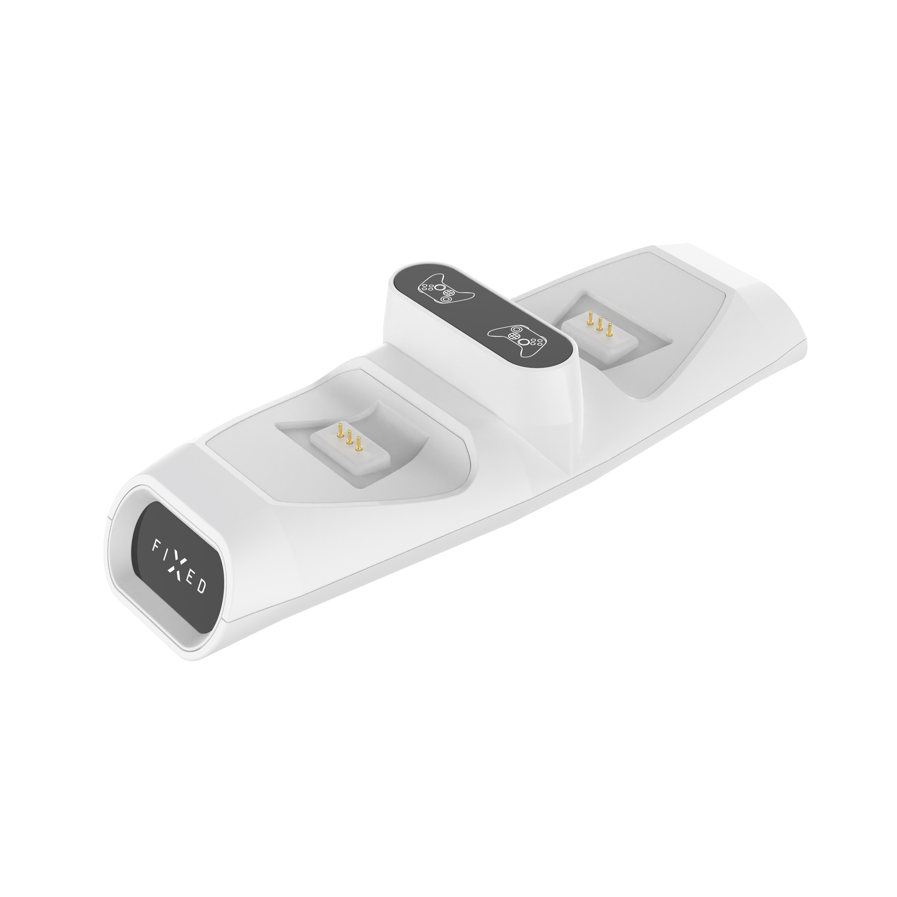 Eine weiße Doppel-Ladestation für Controller mit goldenen Pins und schwarzem FIXED-Logo auf weißem Hintergrund.