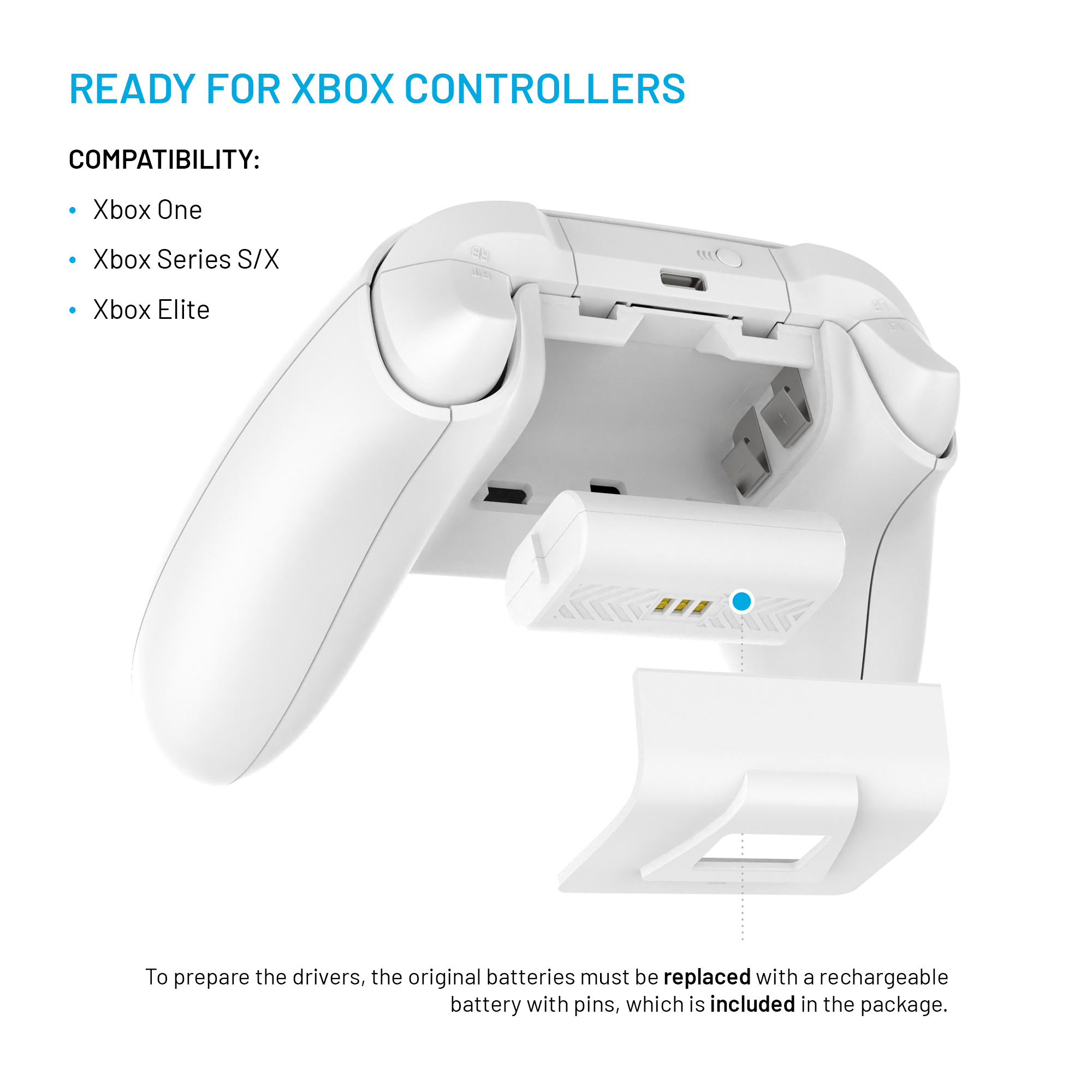 Weißer Xbox-Controller mit geöffnetem Akkufach, integriertem Akku und separater Abdeckung sowie Kompatibilitätsliste.