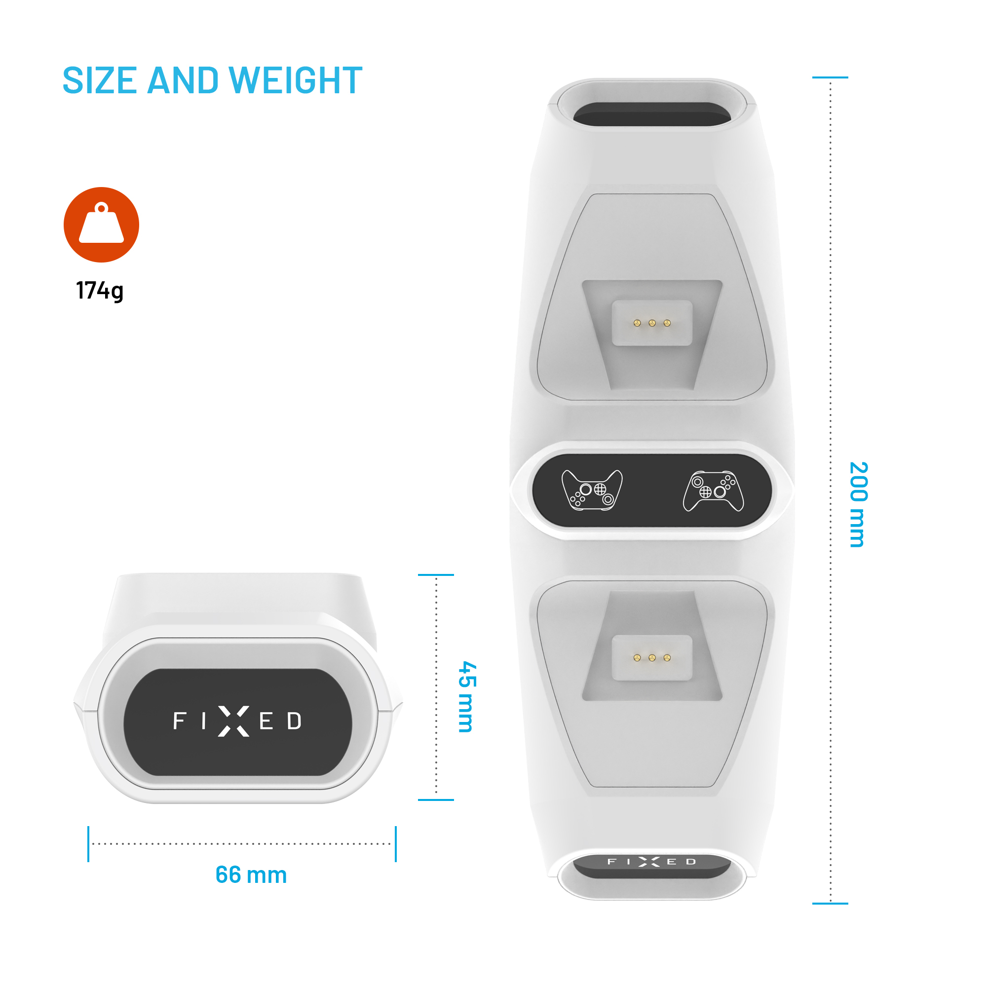 Diagramm zeigt die Abmessungen und das Gewicht eines weißen Controller-Ladegeräts.