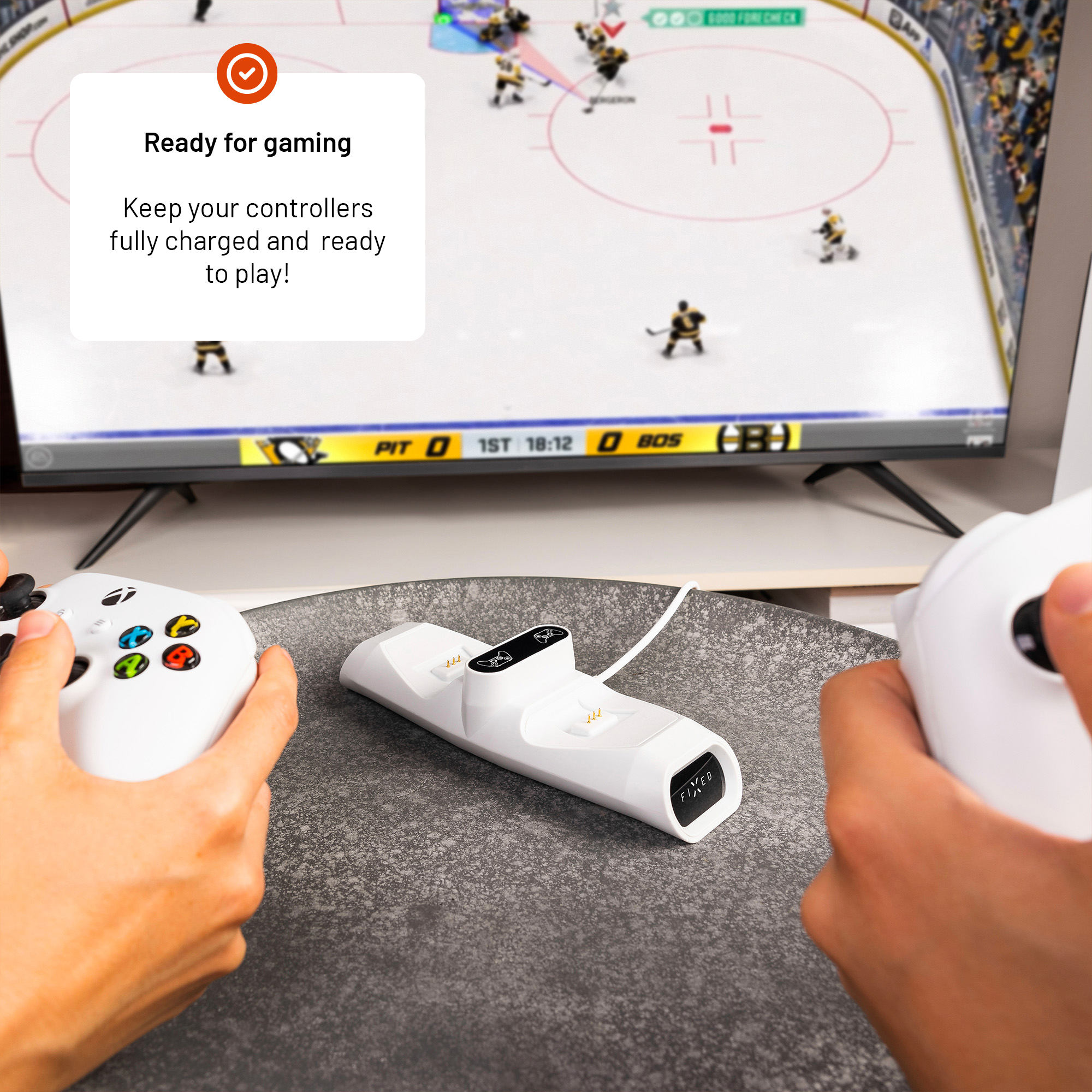 Zwei Hände halten weiße Controller neben einer Ladestation, im Hintergrund läuft ein Hockeyspiel im Fernsehen.