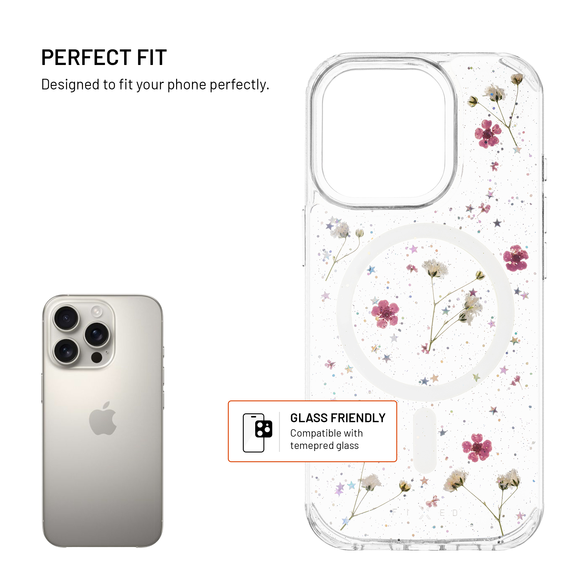 Transparente Handyhülle mit eingegossenen pinken Blumen und Glitzersternchen, daneben ein Smartphone.