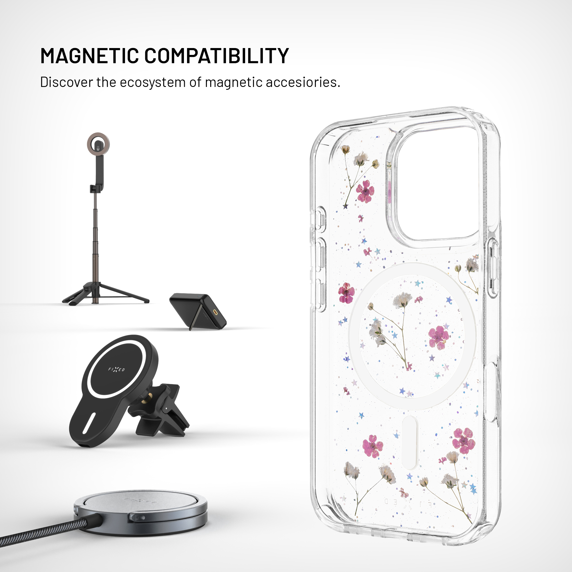 Transparente Handyhülle mit Blumen und Magnetzubehör auf weißem Hintergrund.